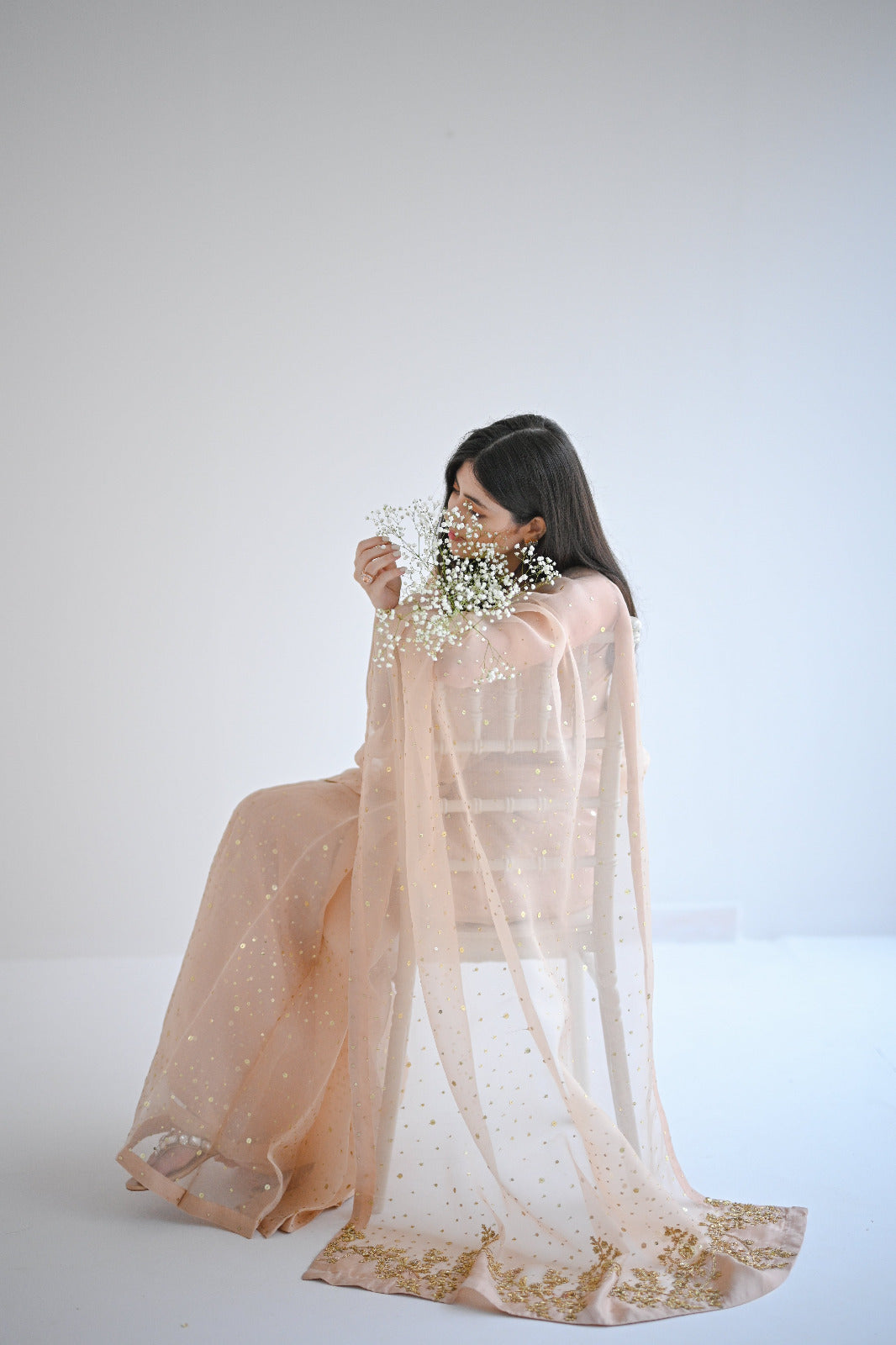 Pakistani Light Beige Gold Embellished Pure Organza Saree (2-Piece) - Image 1