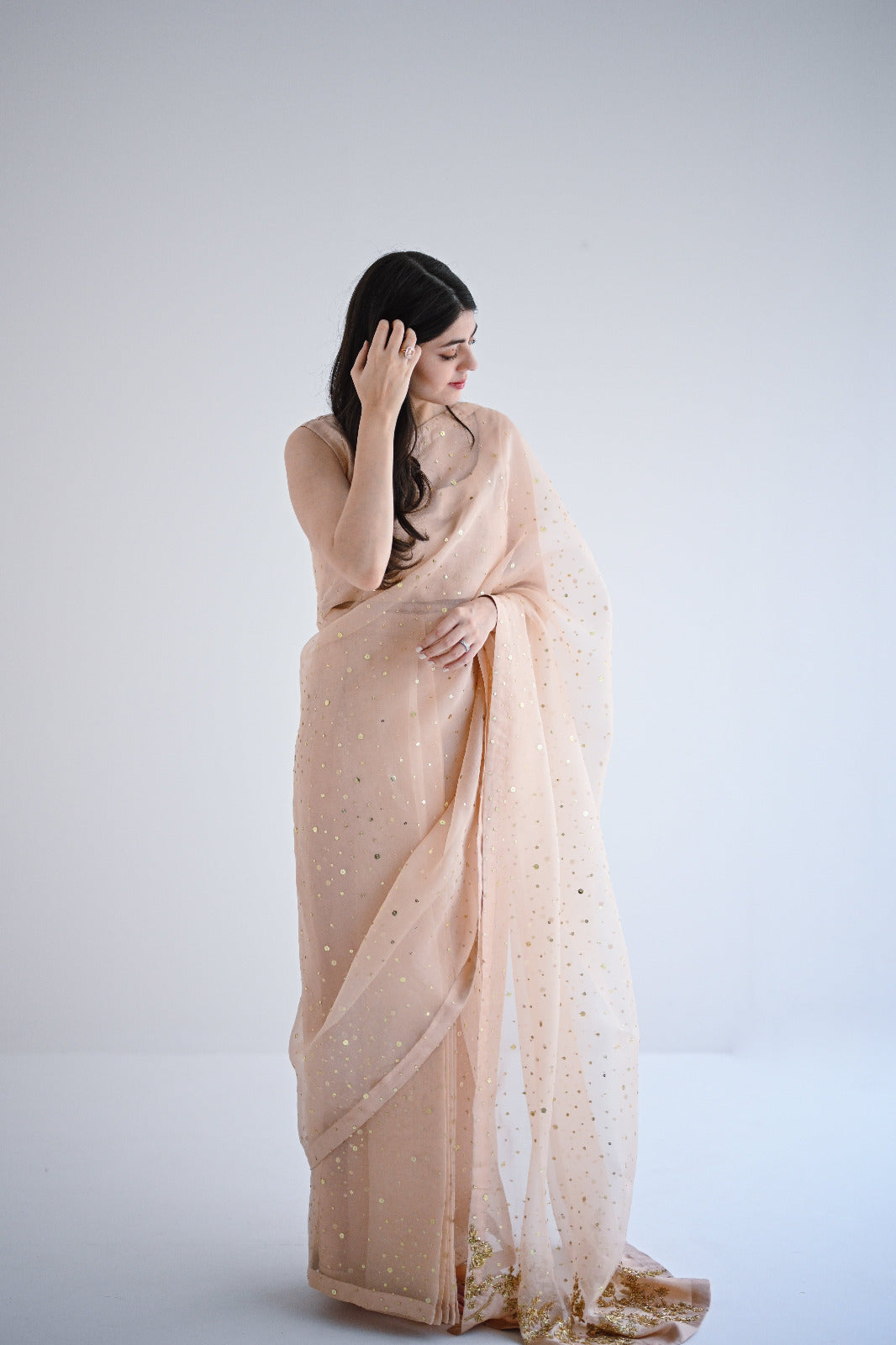 Pakistani Light Beige Gold Embellished Pure Organza Saree (2-Piece) - Image 3