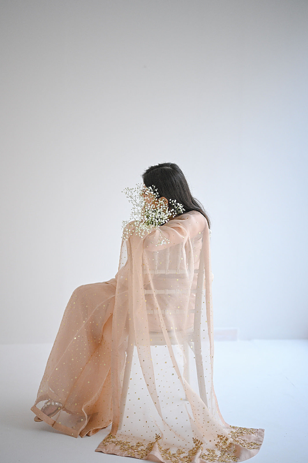 Pakistani Light Beige Gold Embellished Pure Organza Saree (2-Piece) - Image 4