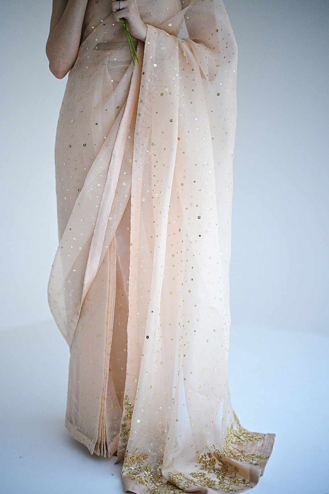 Pakistani Light Beige Gold Embellished Pure Organza Saree (2-Piece) - Image 5