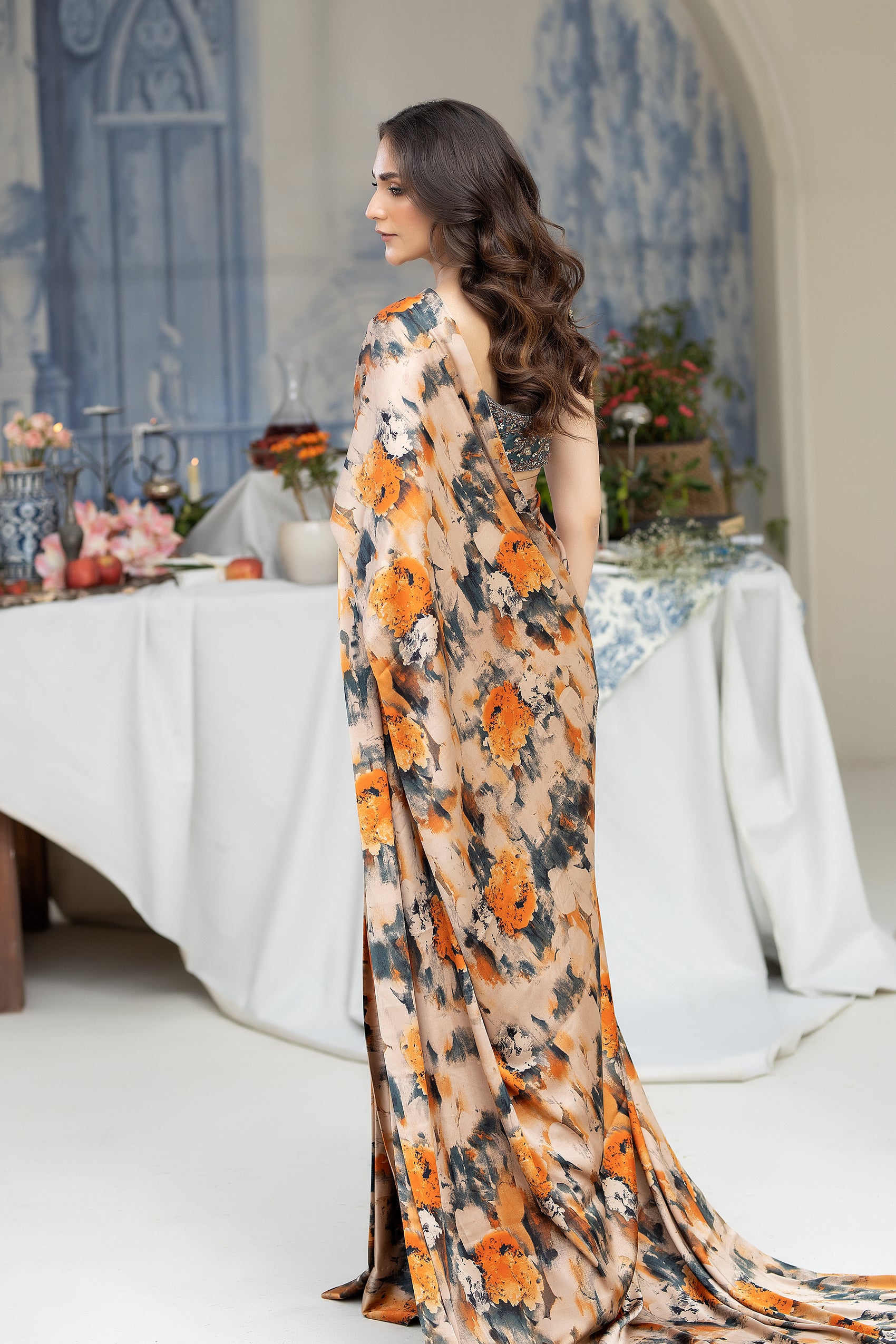 Orange and Beige Silk Printed Saree (2-Piece) - Image 5