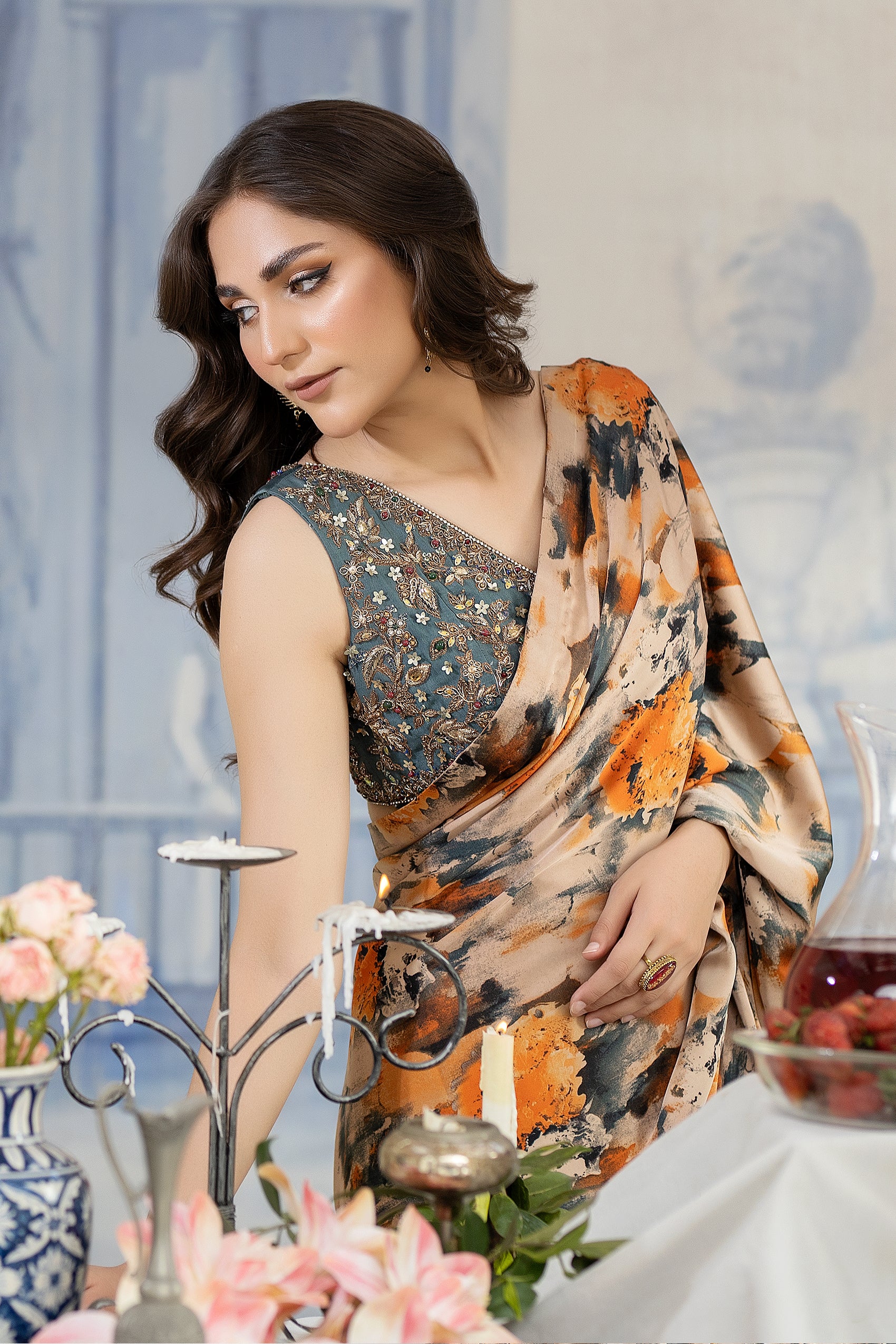 Orange and Beige Silk Printed Saree (2-Piece) - Image 6