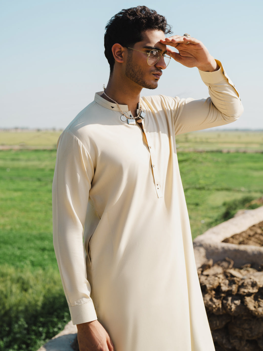 Beige Minimal Stitch Blended Fabric Shalwar Kameez (2-Piece) - Image 2