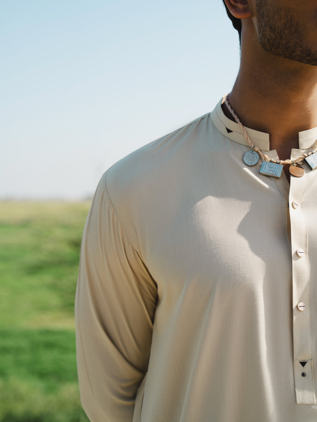 Beige Minimal Stitch Blended Fabric Shalwar Kameez (2-Piece) - Image 3