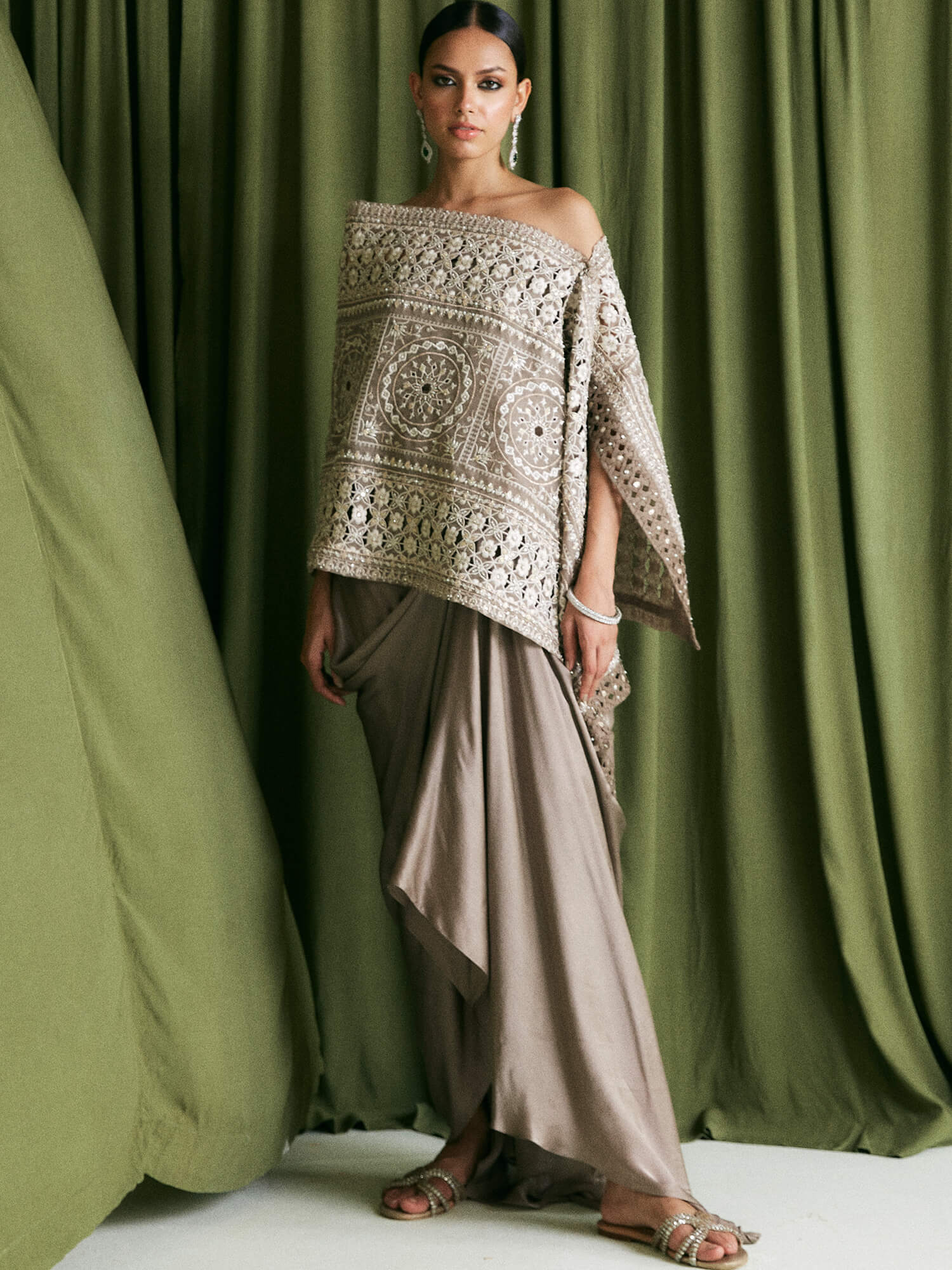 Pakistani Taupe Embroidered Organza Wrap Stole & Satin Skirt (2-Piece) - Image 1