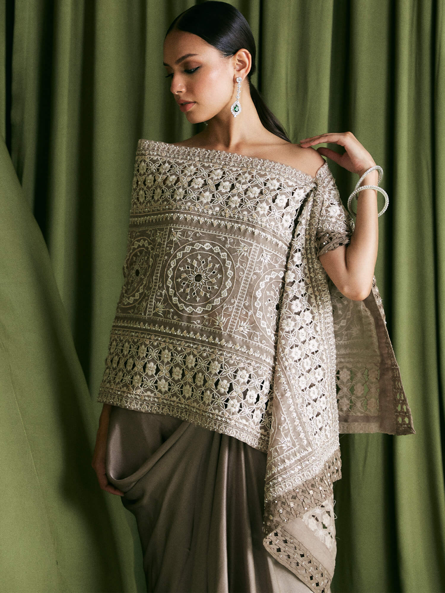 Pakistani Taupe Embroidered Organza Wrap Stole & Satin Skirt (2-Piece) - Image 2