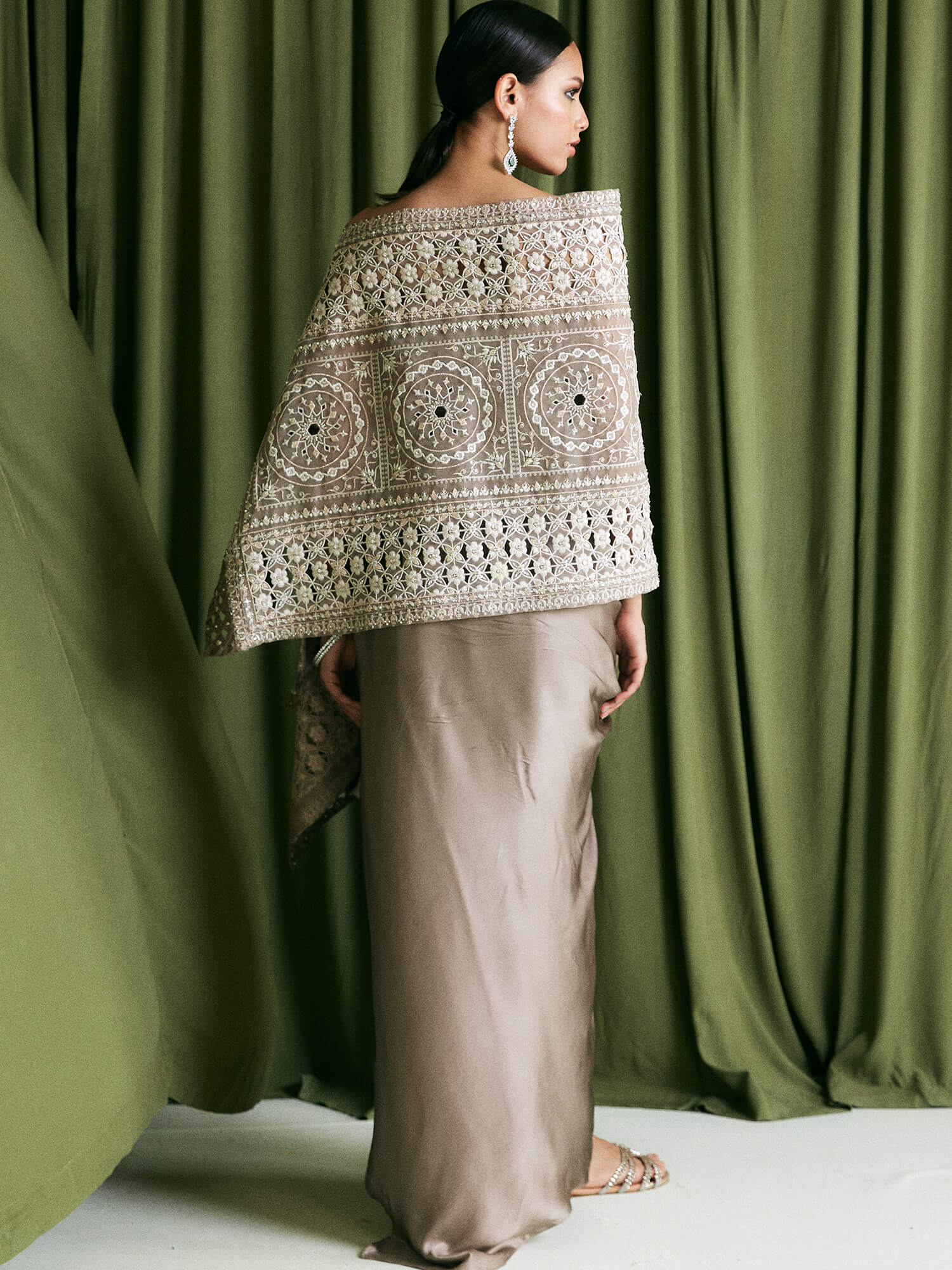 Pakistani Taupe Embroidered Organza Wrap Stole & Satin Skirt (2-Piece) - Image 4