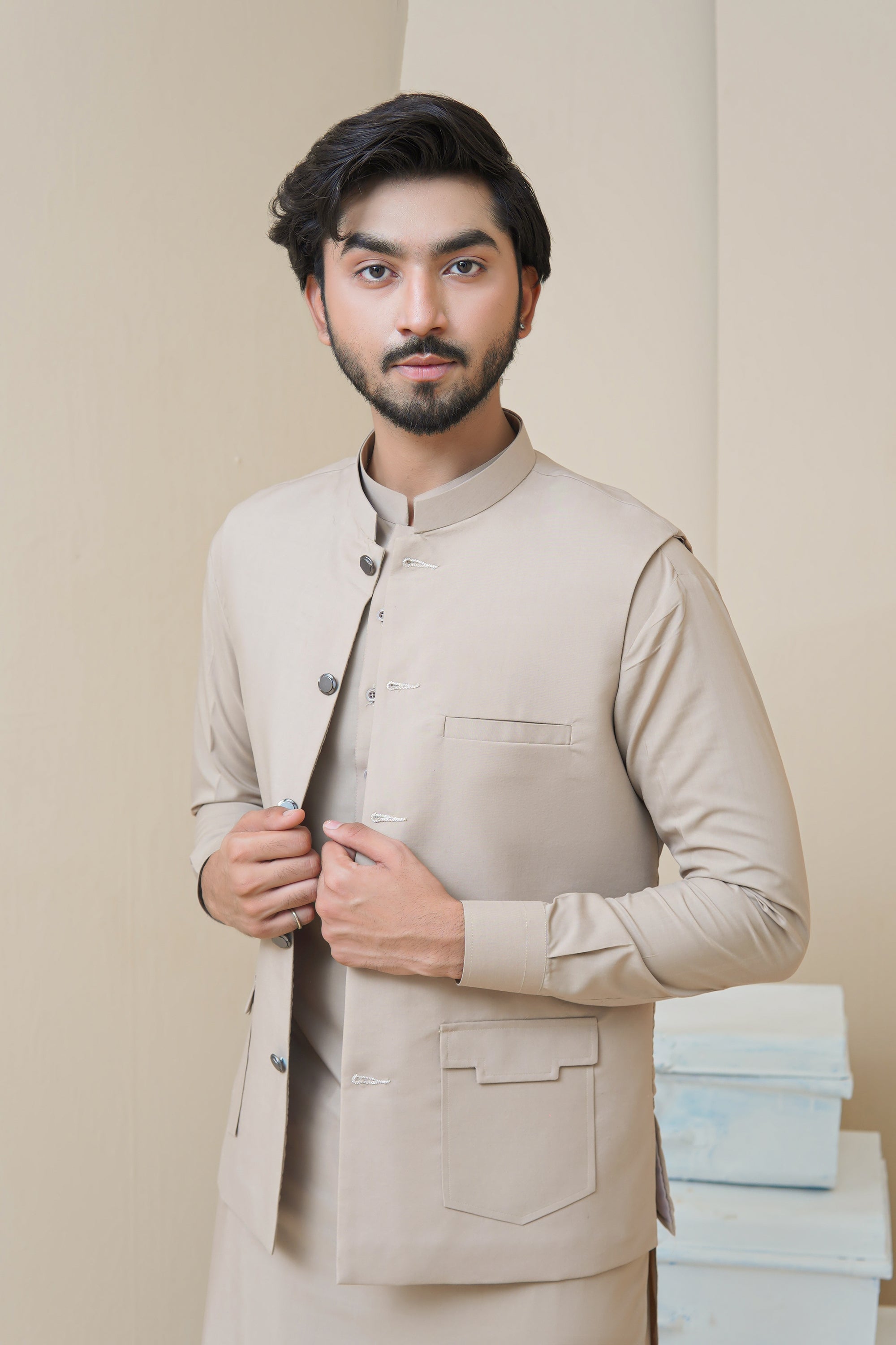 Light Beige Premium Cotton Blend Waistcoat Kurta (3-Piece) - Image 1