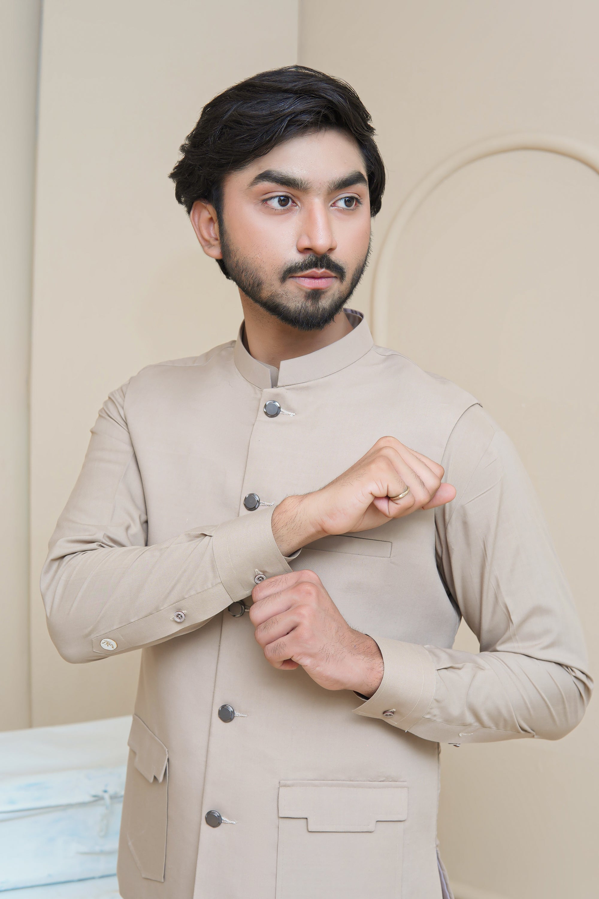 Light Beige Premium Cotton Blend Waistcoat Kurta (3-Piece) - Image 3