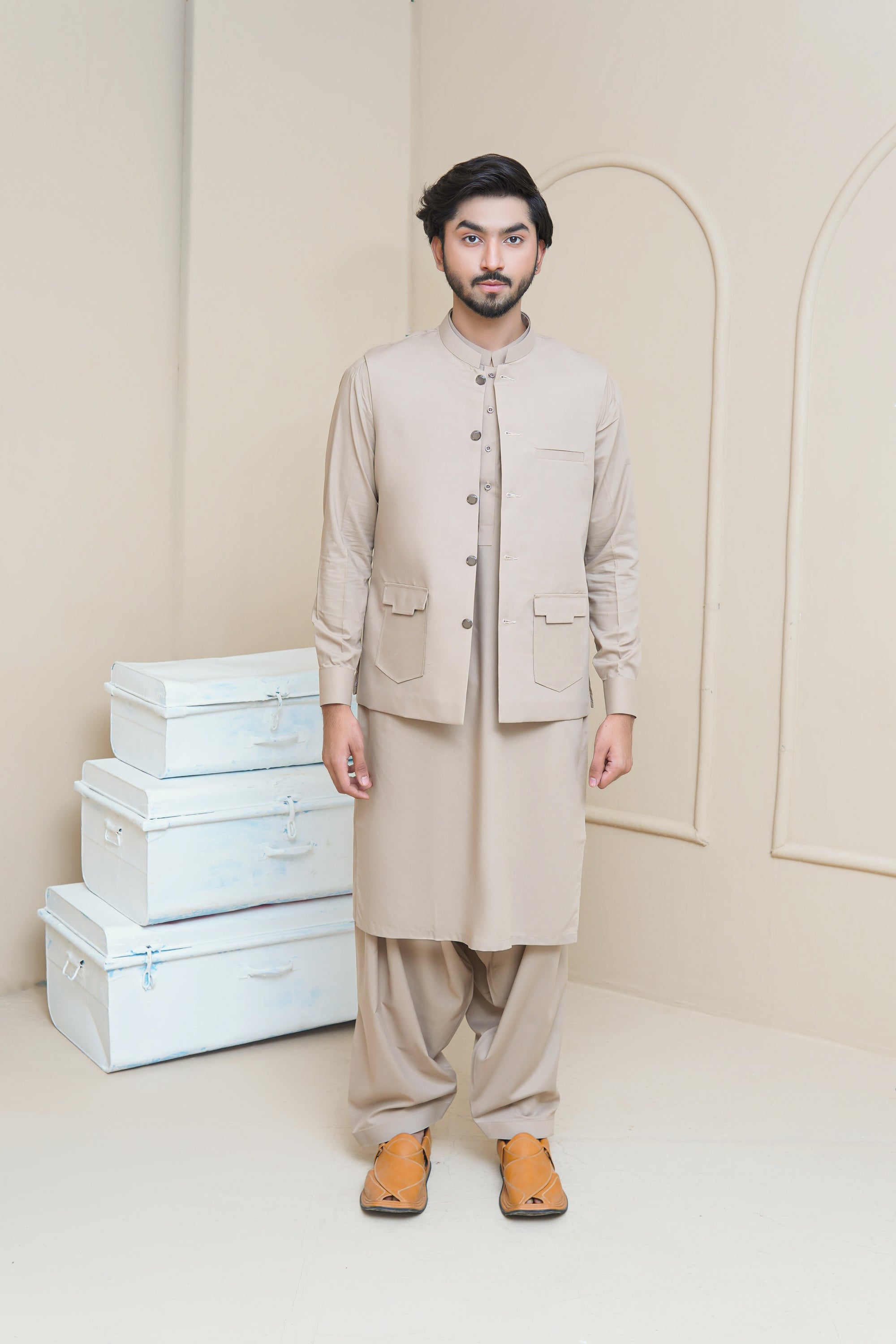 Light Beige Premium Cotton Blend Waistcoat Kurta (3-Piece) - Image 4
