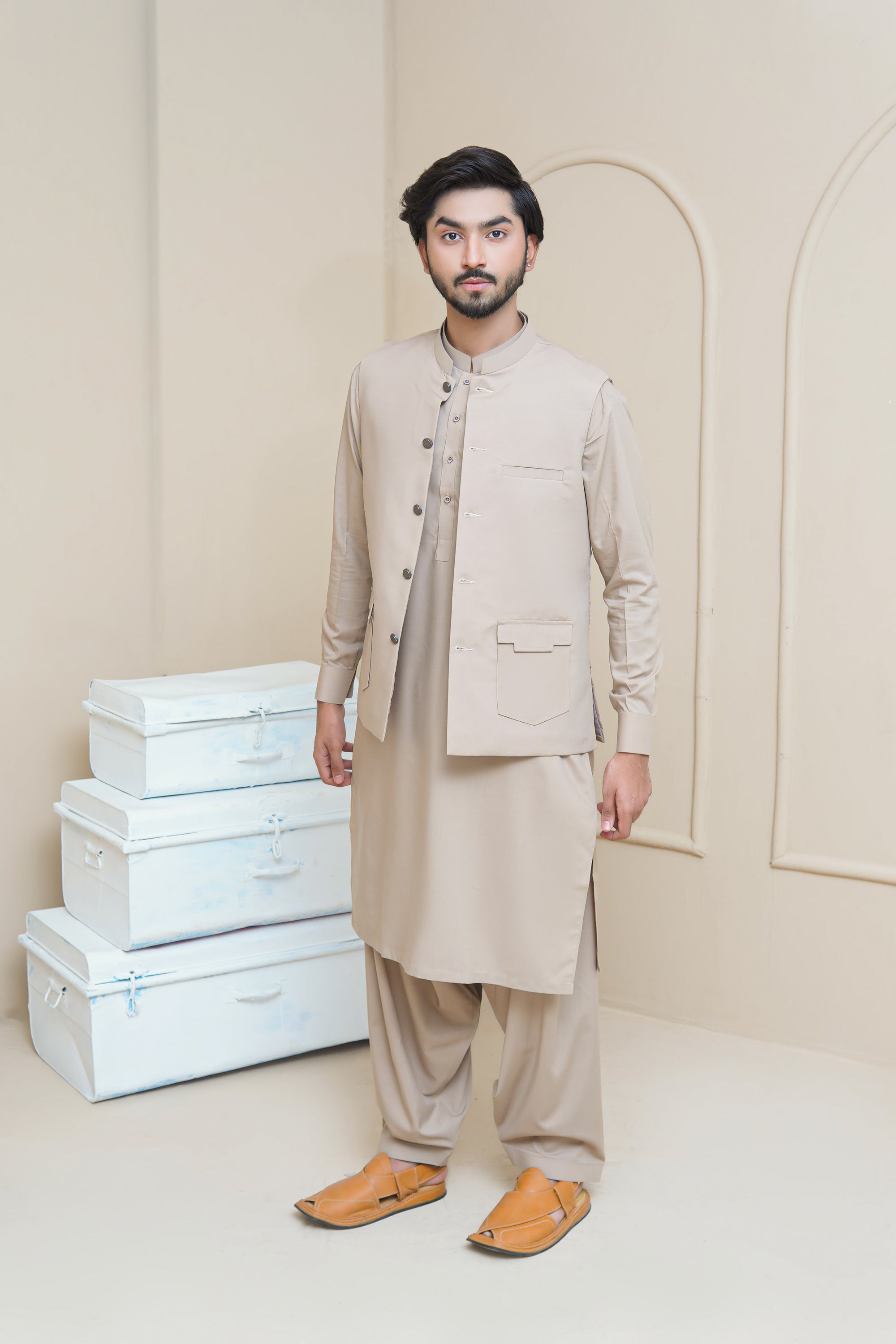 Light Beige Premium Cotton Blend Waistcoat Kurta (3-Piece) - Image 5