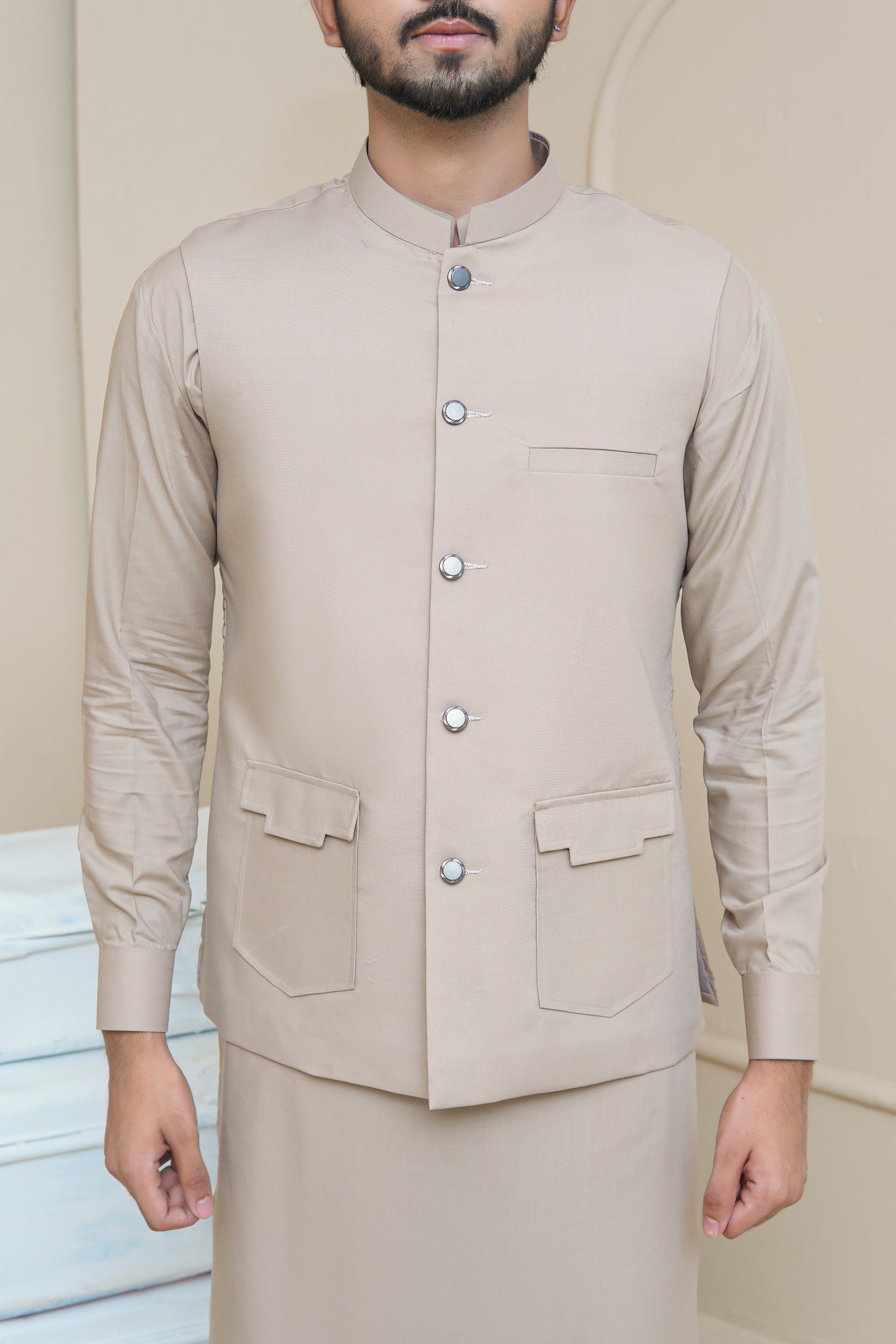 Light Beige Premium Cotton Blend Waistcoat Kurta (3-Piece) - Image 6