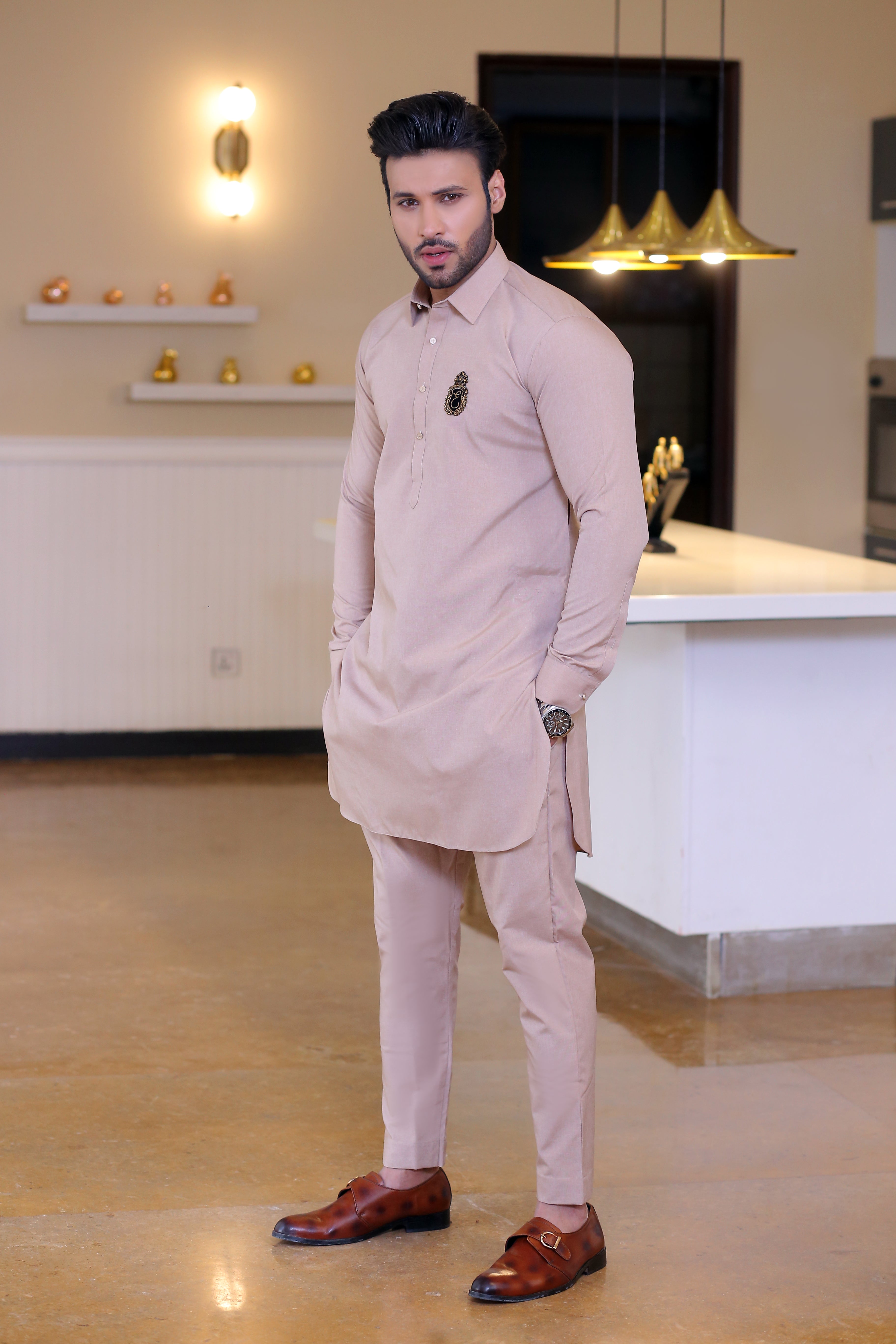 Beige Embroidered Cotton Blend Waistcoat Kurta (3-Piece) - Image 1