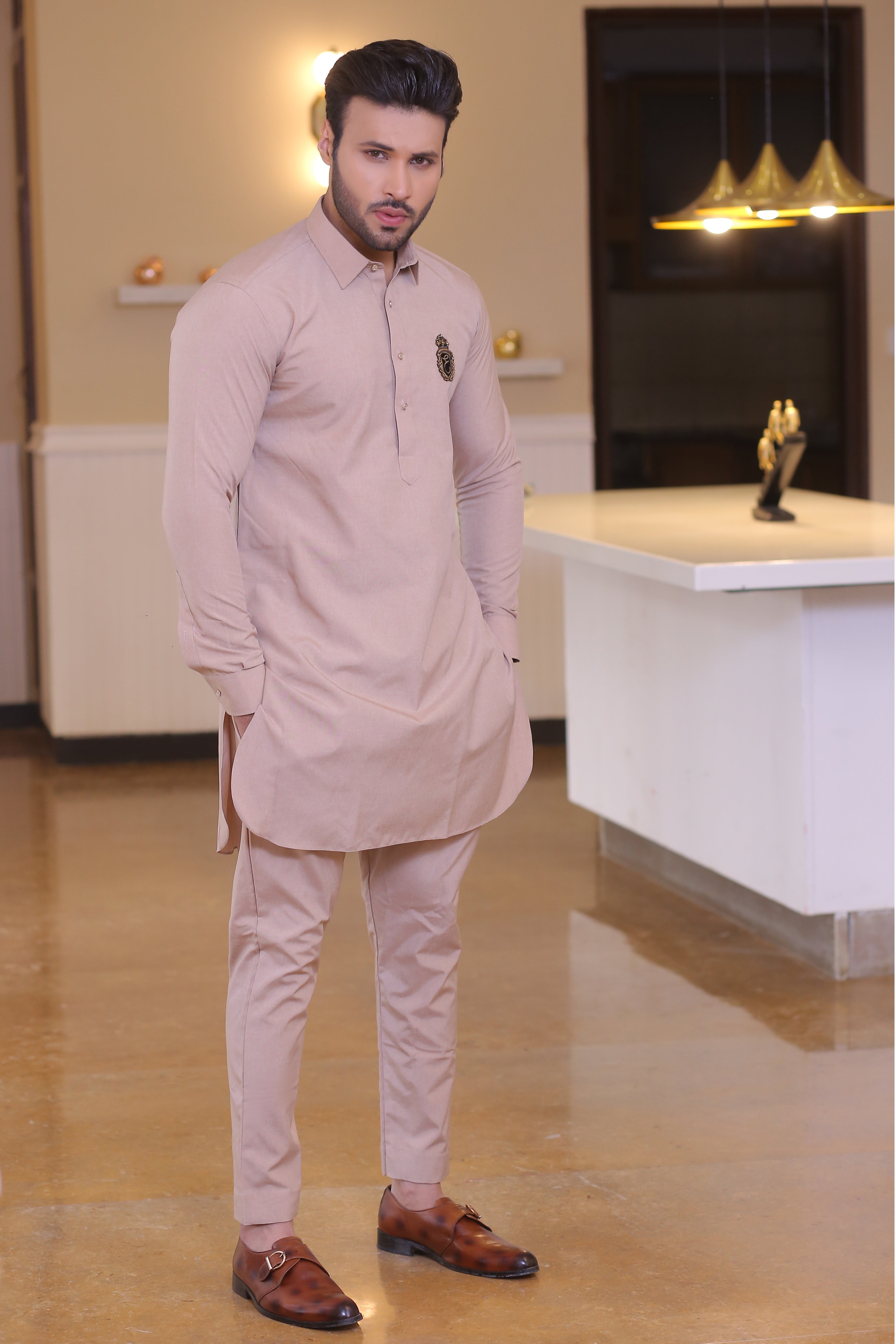 Beige Embroidered Cotton Blend Waistcoat Kurta (3-Piece) - Image 2