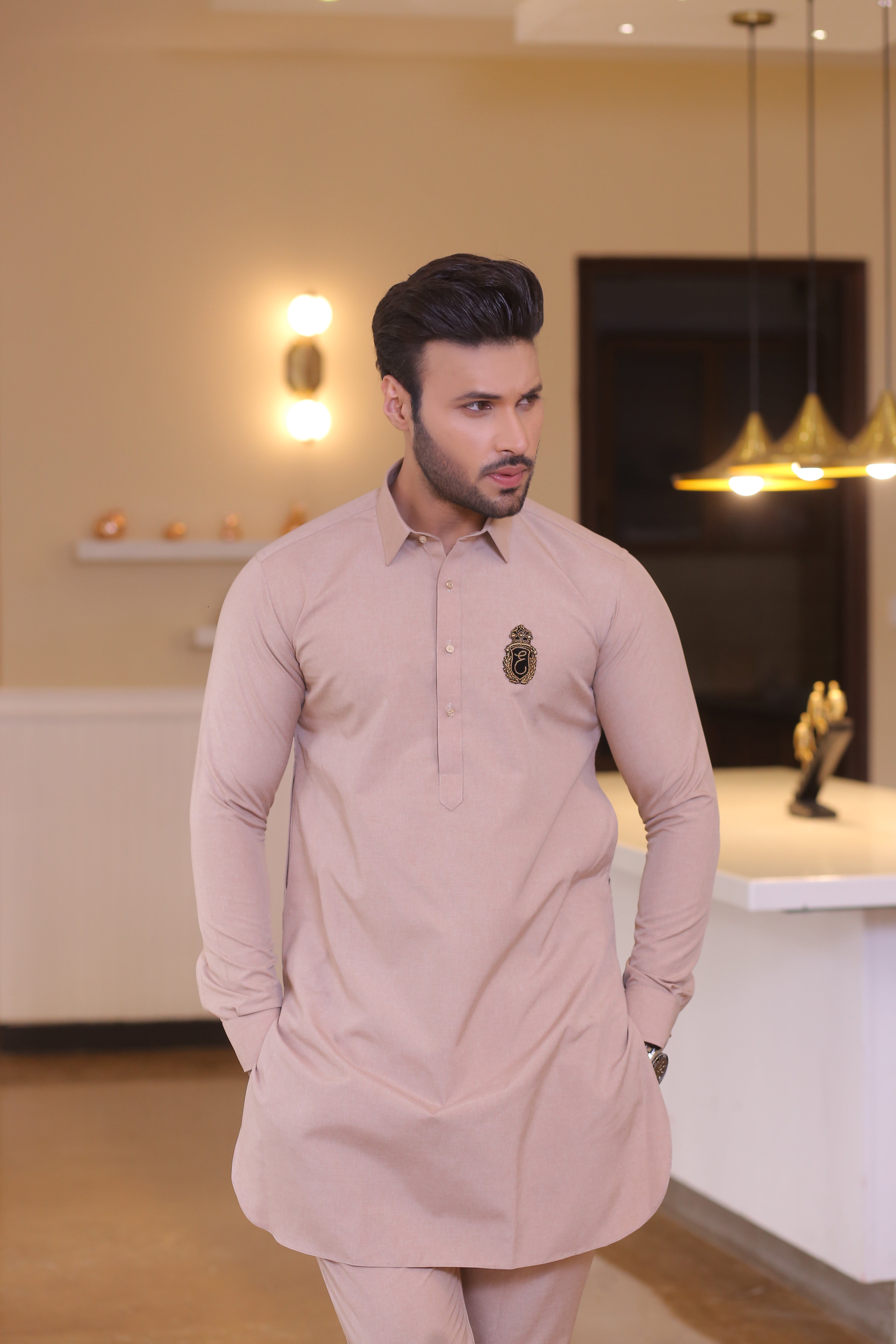 Beige Embroidered Cotton Blend Waistcoat Kurta (3-Piece) - Image 3