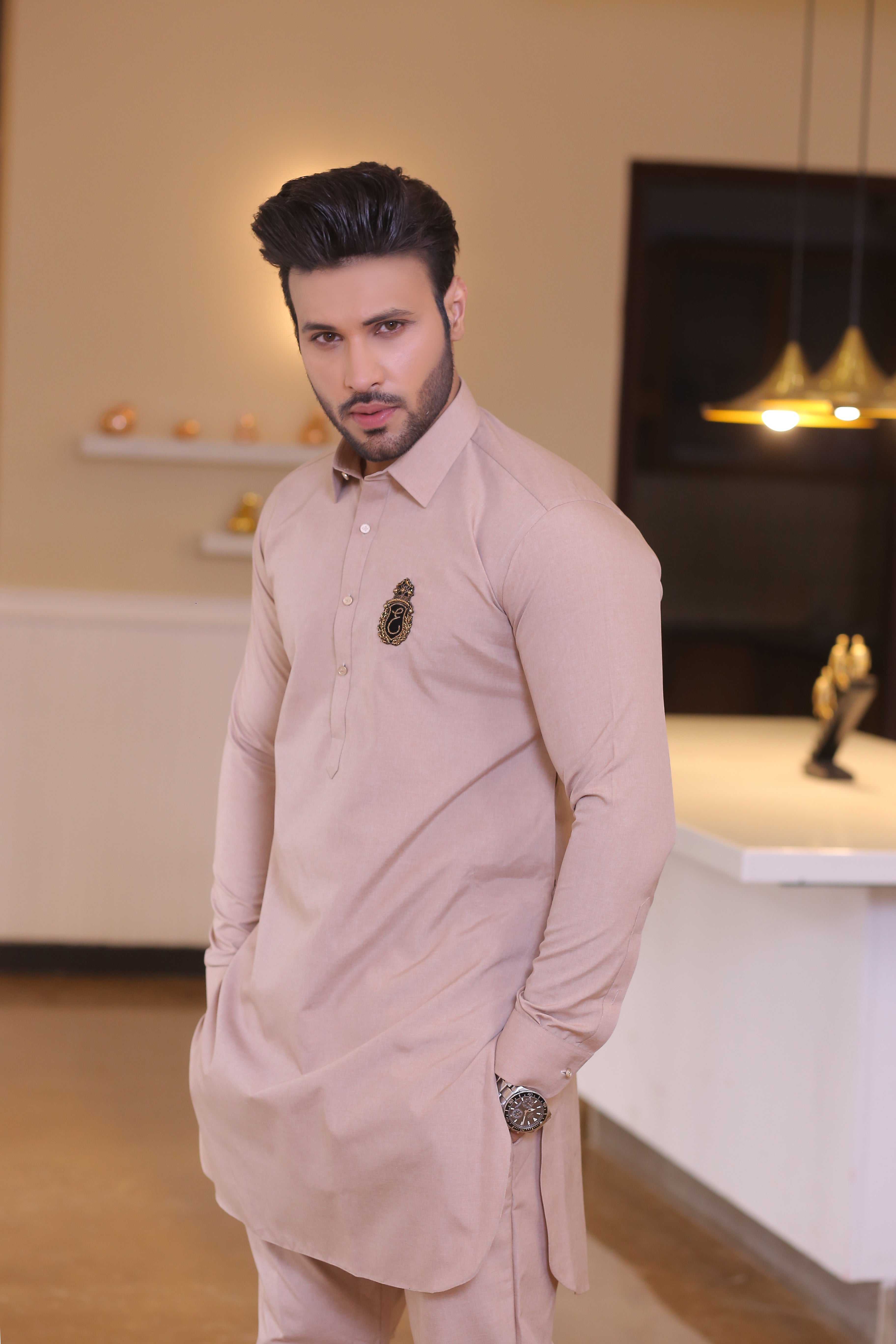 Beige Embroidered Cotton Blend Waistcoat Kurta (3-Piece) - Image 4