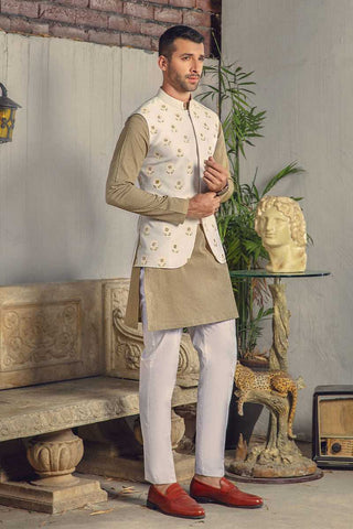 Beige Green Chikankari Cotton Kurta with Silk Waistcoat (3-Piece) - Image 2