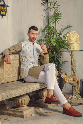 Beige Green Chikankari Cotton Kurta with Silk Waistcoat (3-Piece) - Image 6