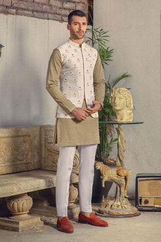 Beige Green Chikankari Cotton Kurta with Silk Waistcoat (3-Piece) - Image 7