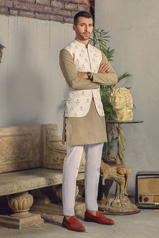 Beige Green Chikankari Cotton Kurta with Silk Waistcoat (3-Piece) - Image 8
