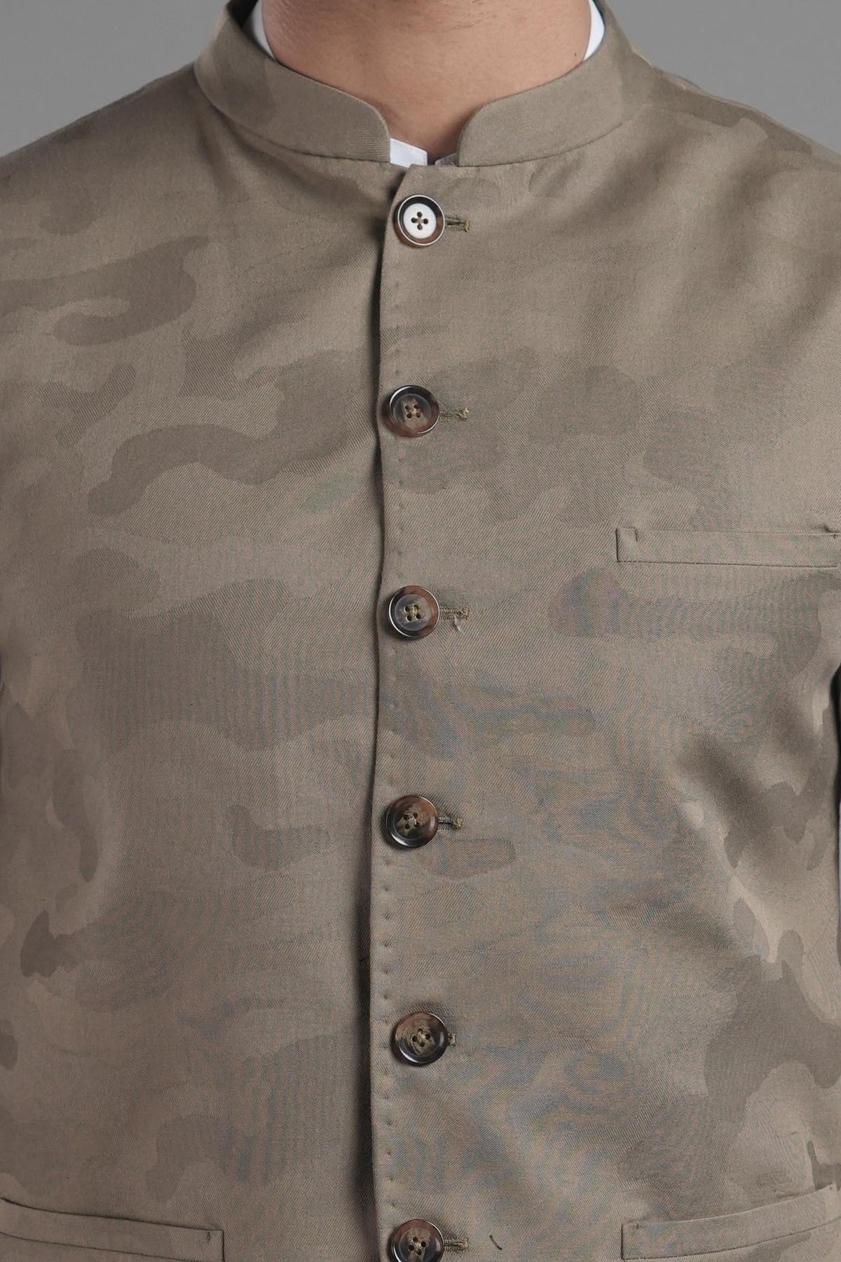 Beige Cotton Jacquard Waistcoat Kurta Set (3-Piece) - Image 1