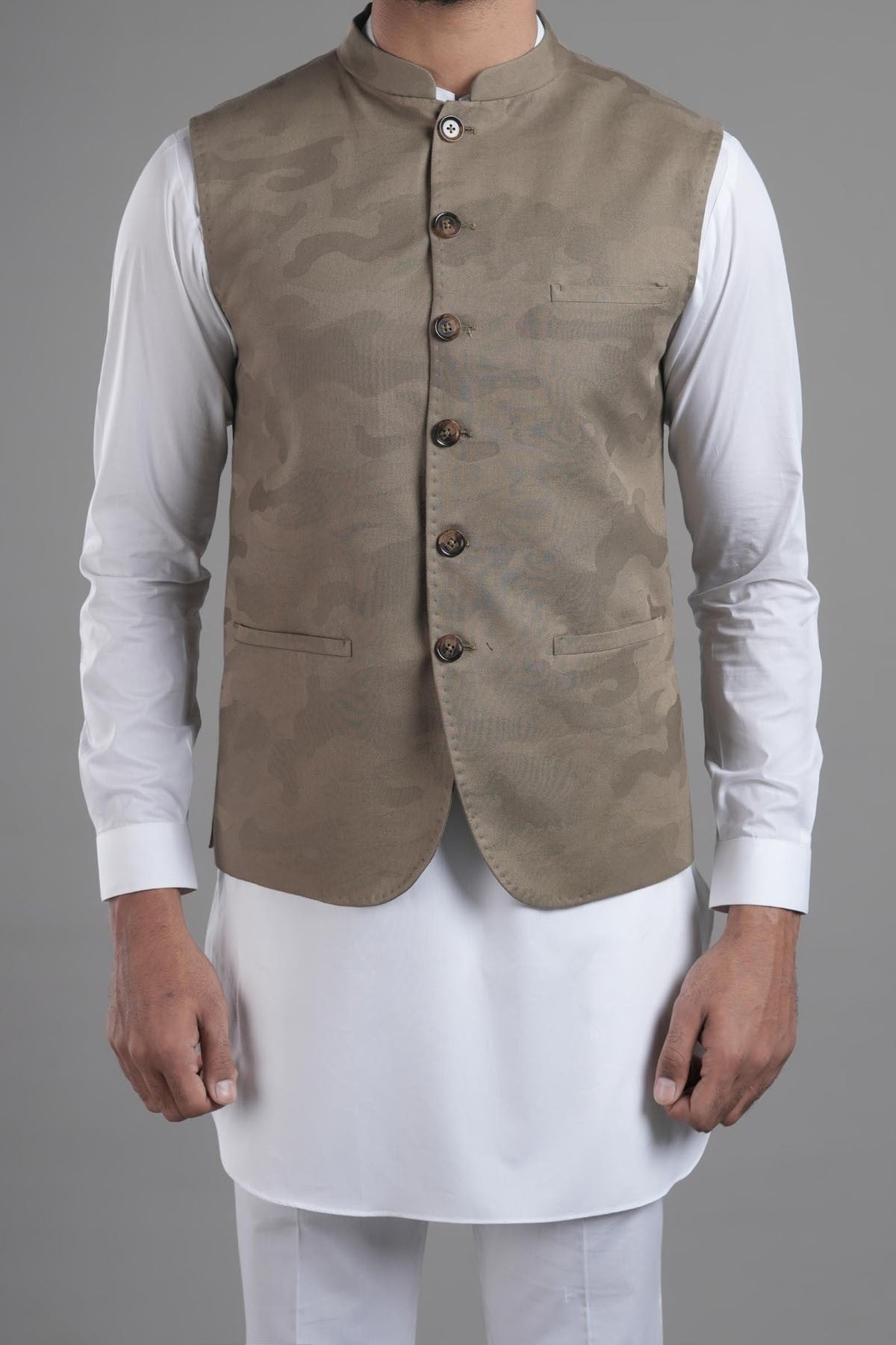 Beige Cotton Jacquard Waistcoat Kurta Set (3-Piece) - Image 2