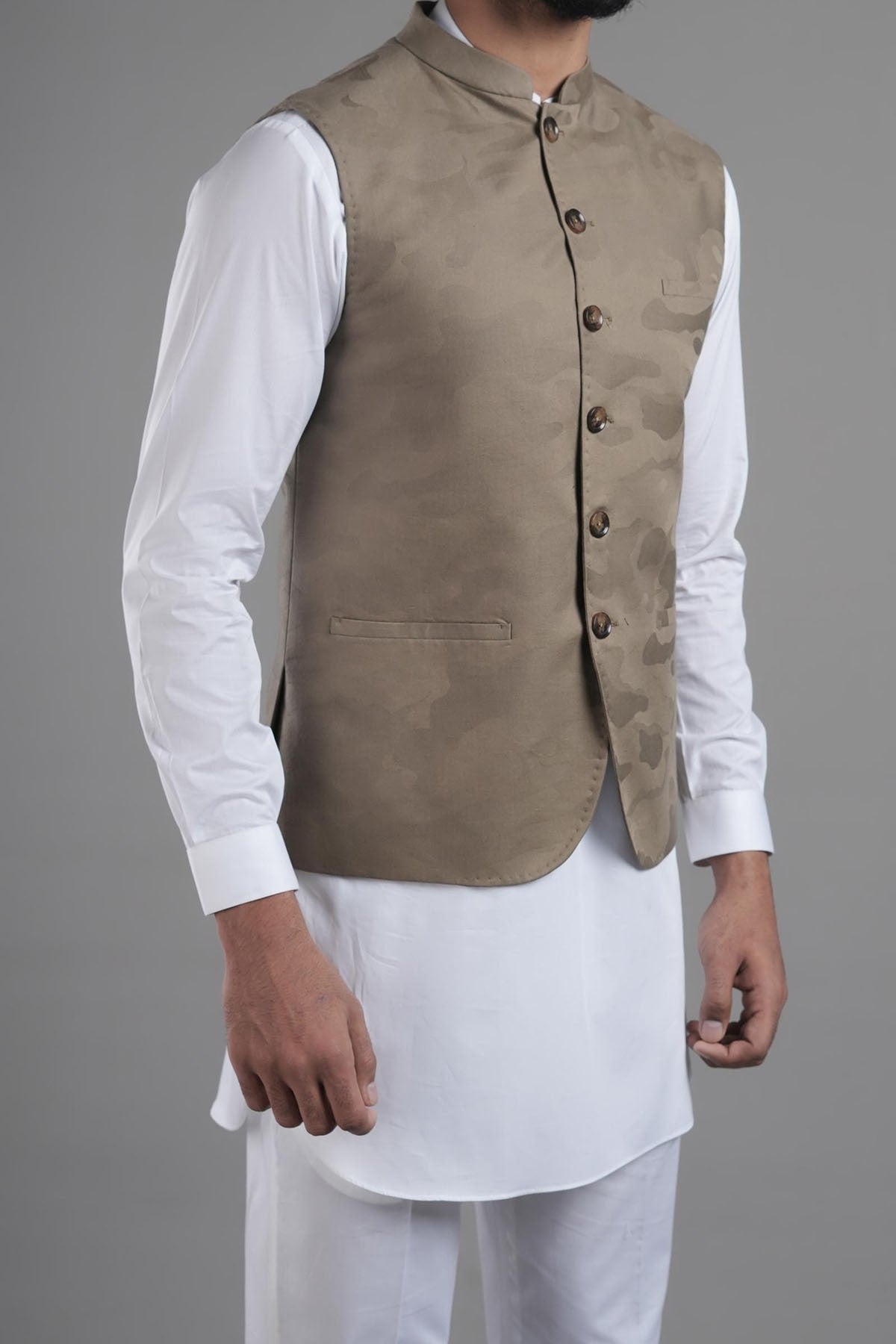 Beige Cotton Jacquard Waistcoat Kurta Set (3-Piece) - Image 3