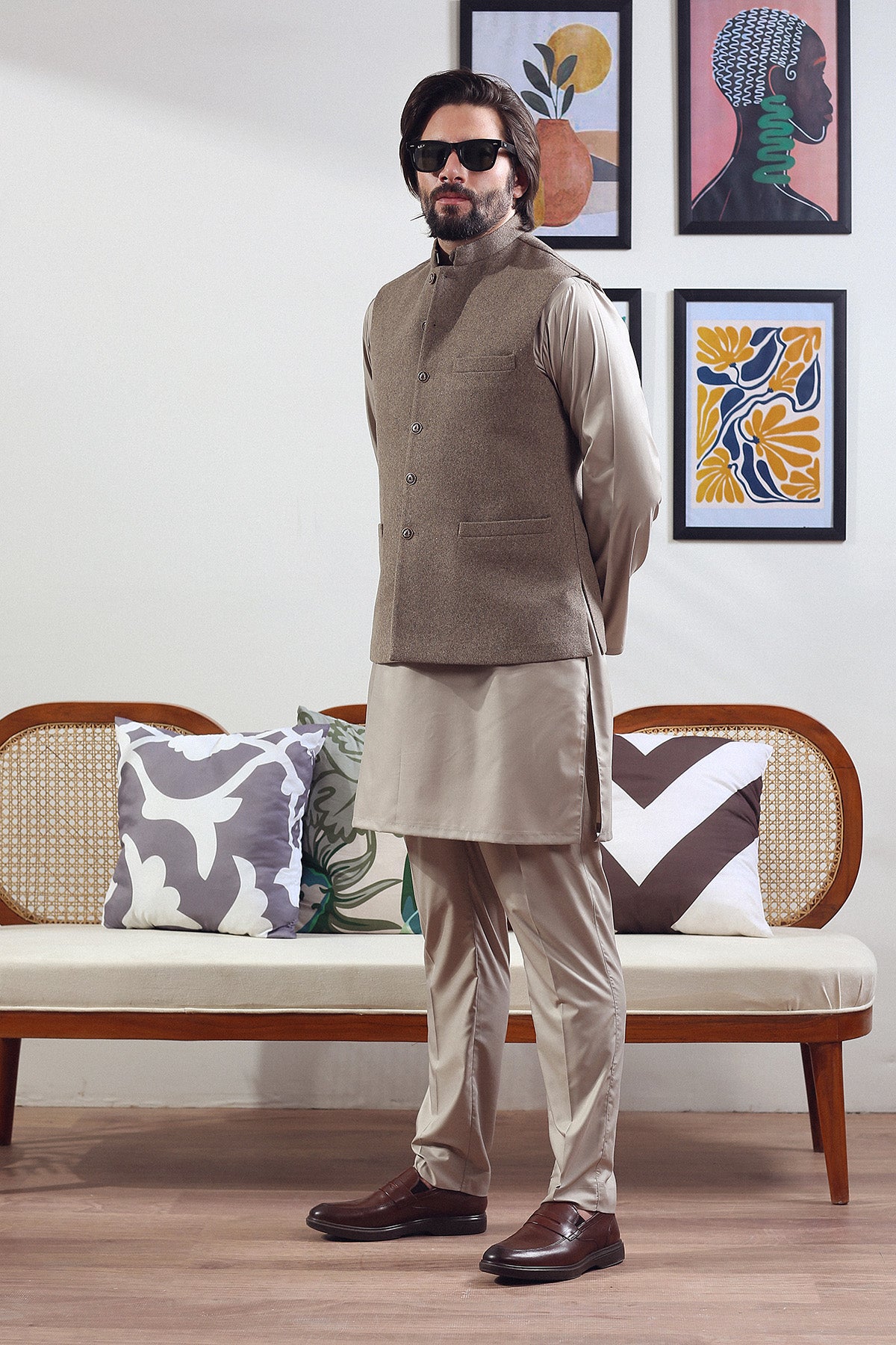 Skin & Brown Warm Cotton Waistcoat Kurta (3-Piece) - Image 1