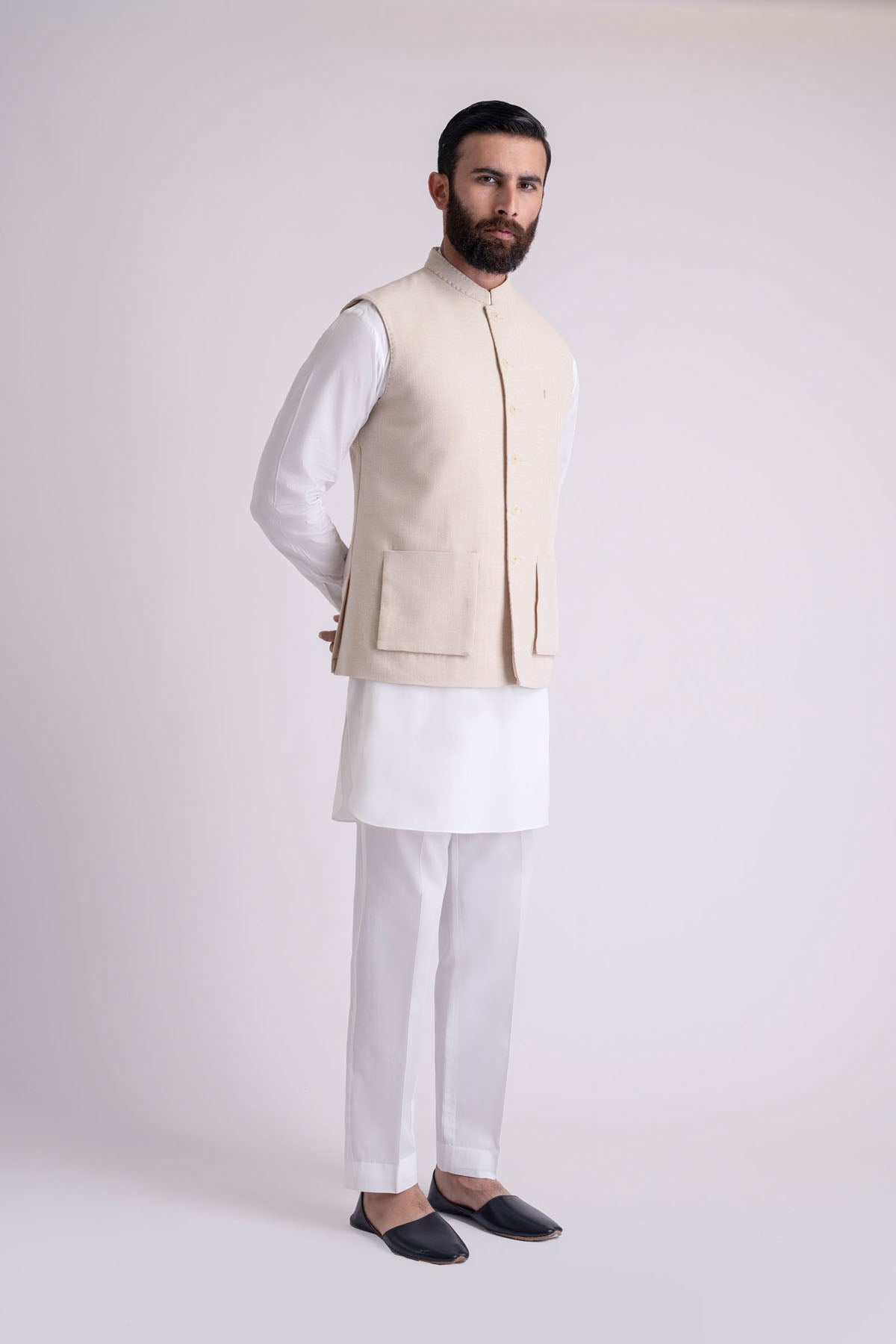 Beige Premium Cotton Waistcoat Kurta Set (3-Piece) - Image 1