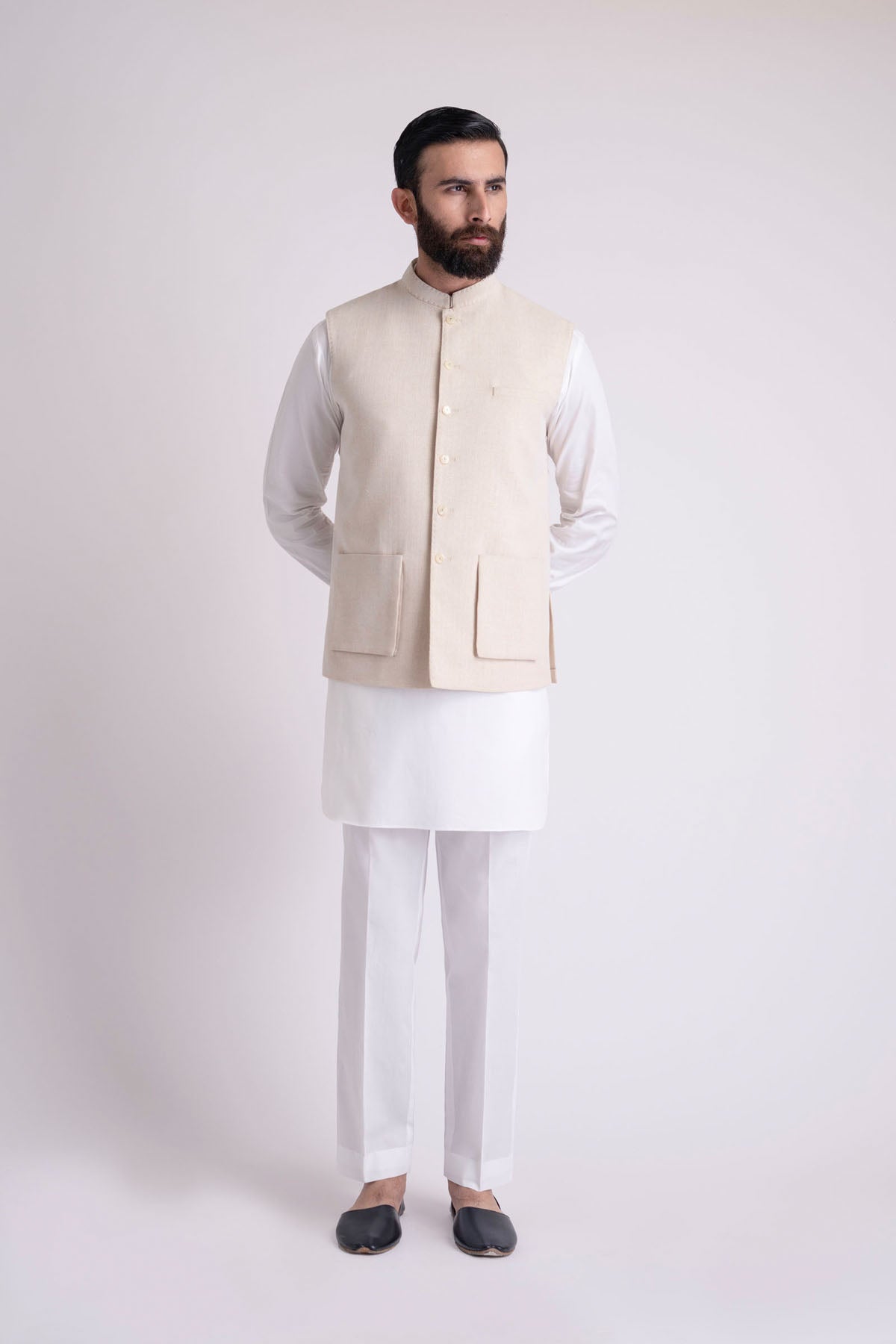 Beige Premium Cotton Waistcoat Kurta Set (3-Piece) - Image 3