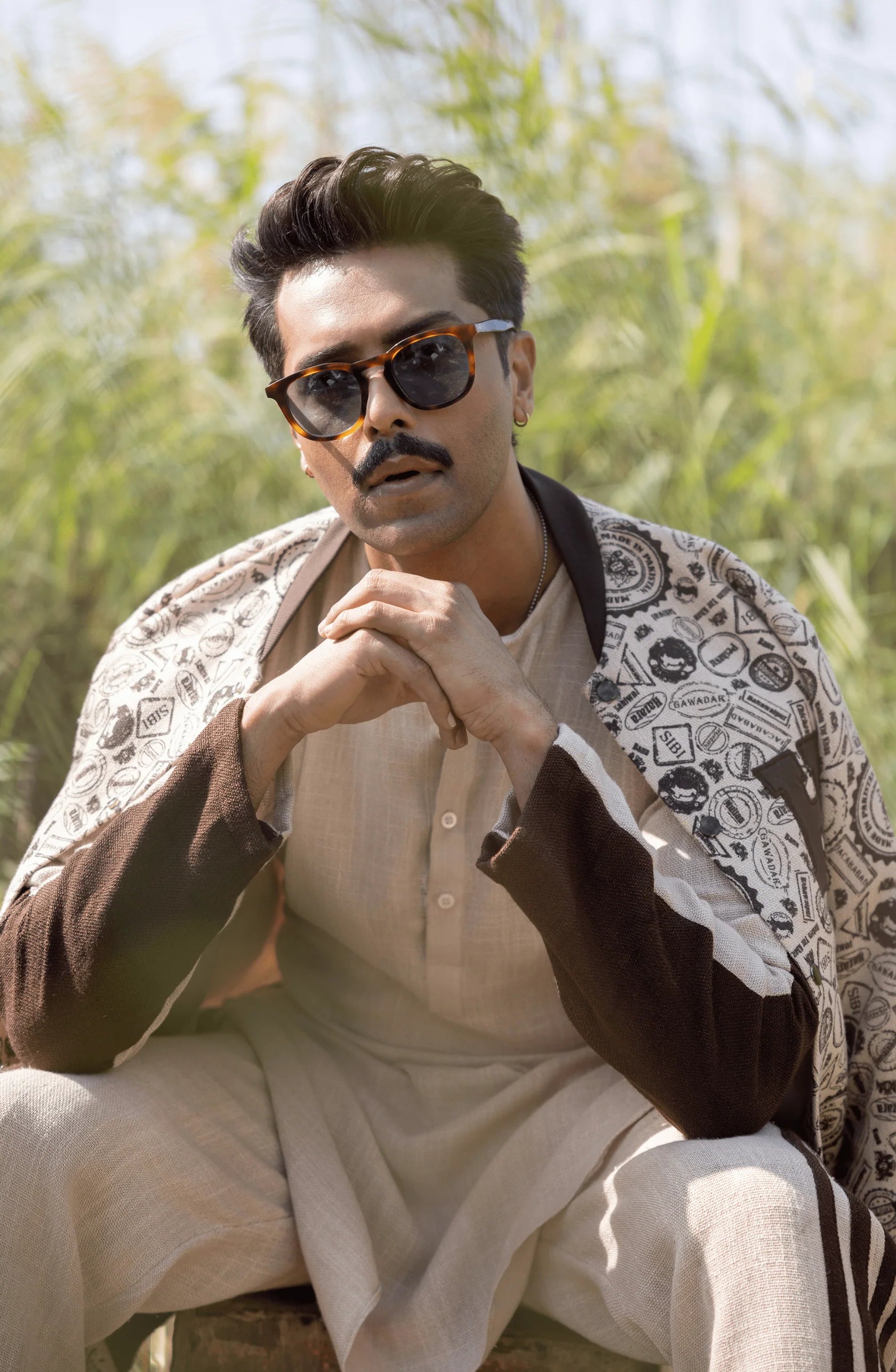 Beige Brown Block Printed Jute Kurta Set (3-Piece) - Image 1