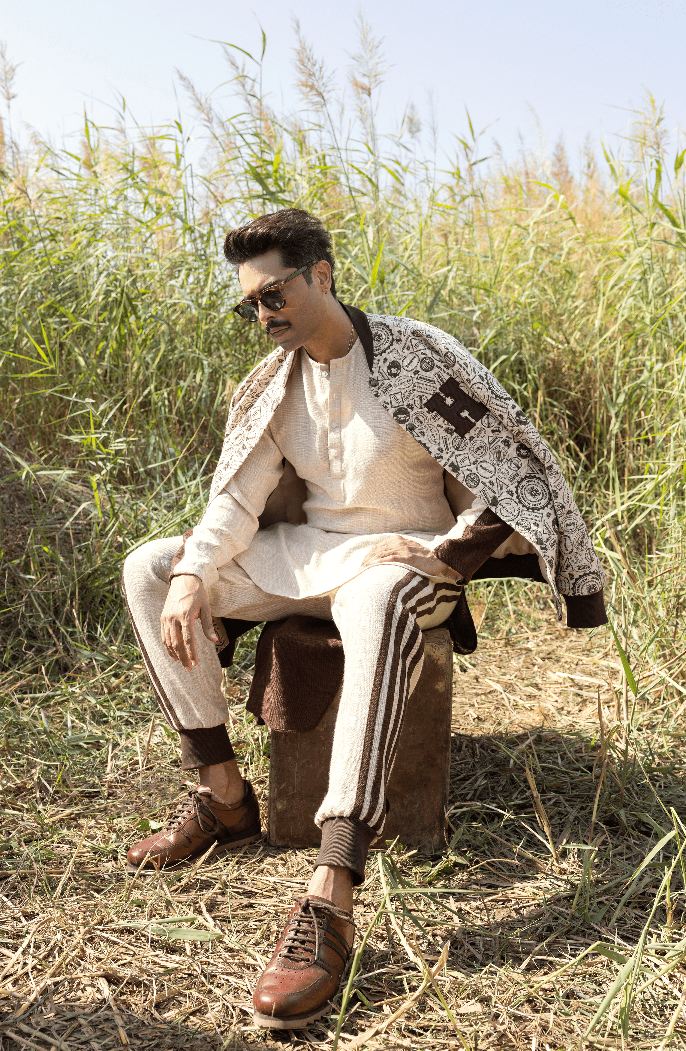 Beige Brown Block Printed Jute Kurta Set (3-Piece) - Image 4