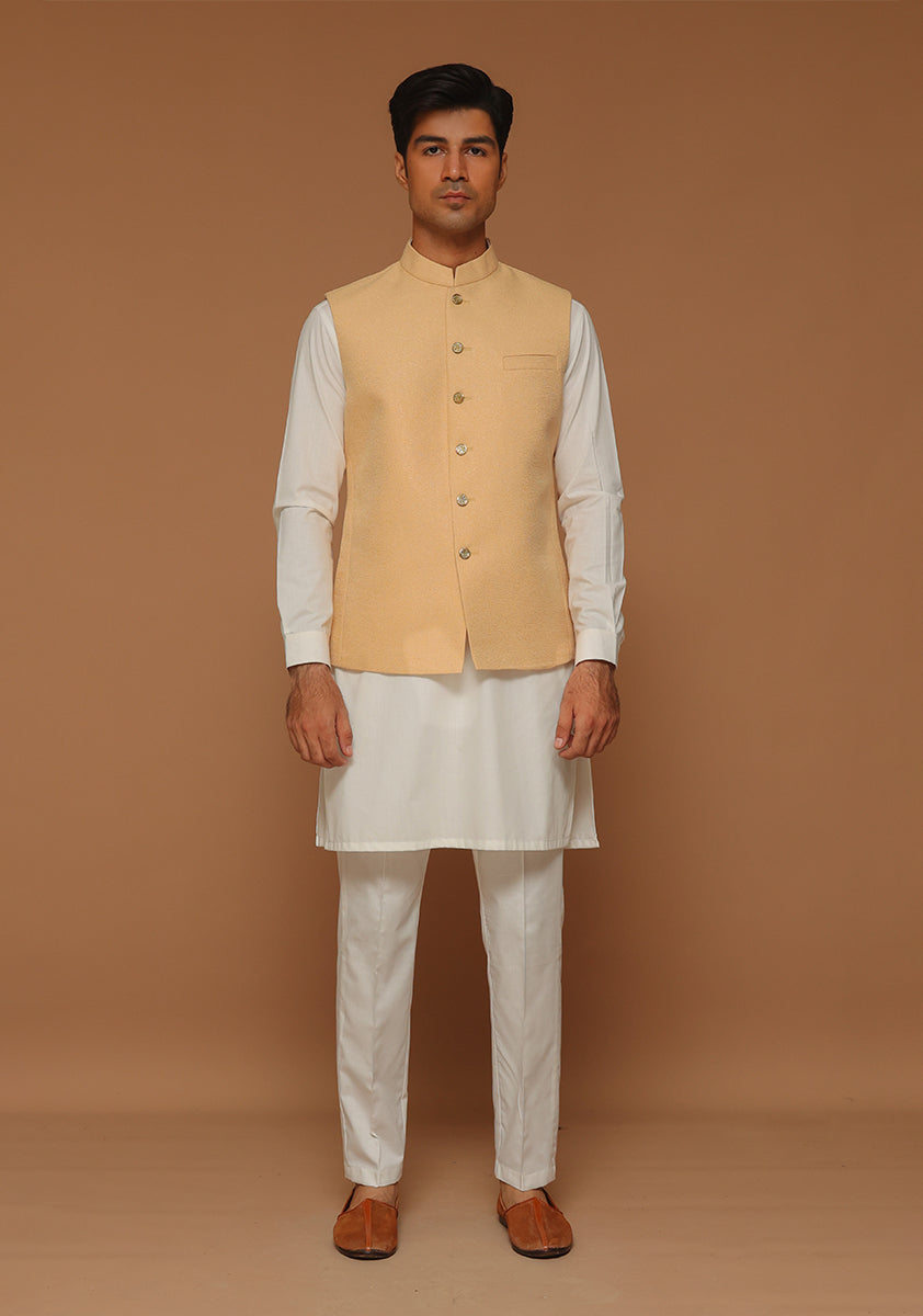 Buff Jamawar Straight-Cut Waistcoat (3-Piece) - Image 1