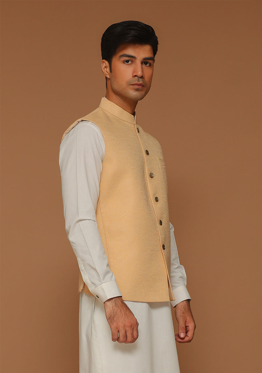 Buff Jamawar Straight-Cut Waistcoat (3-Piece) - Image 3