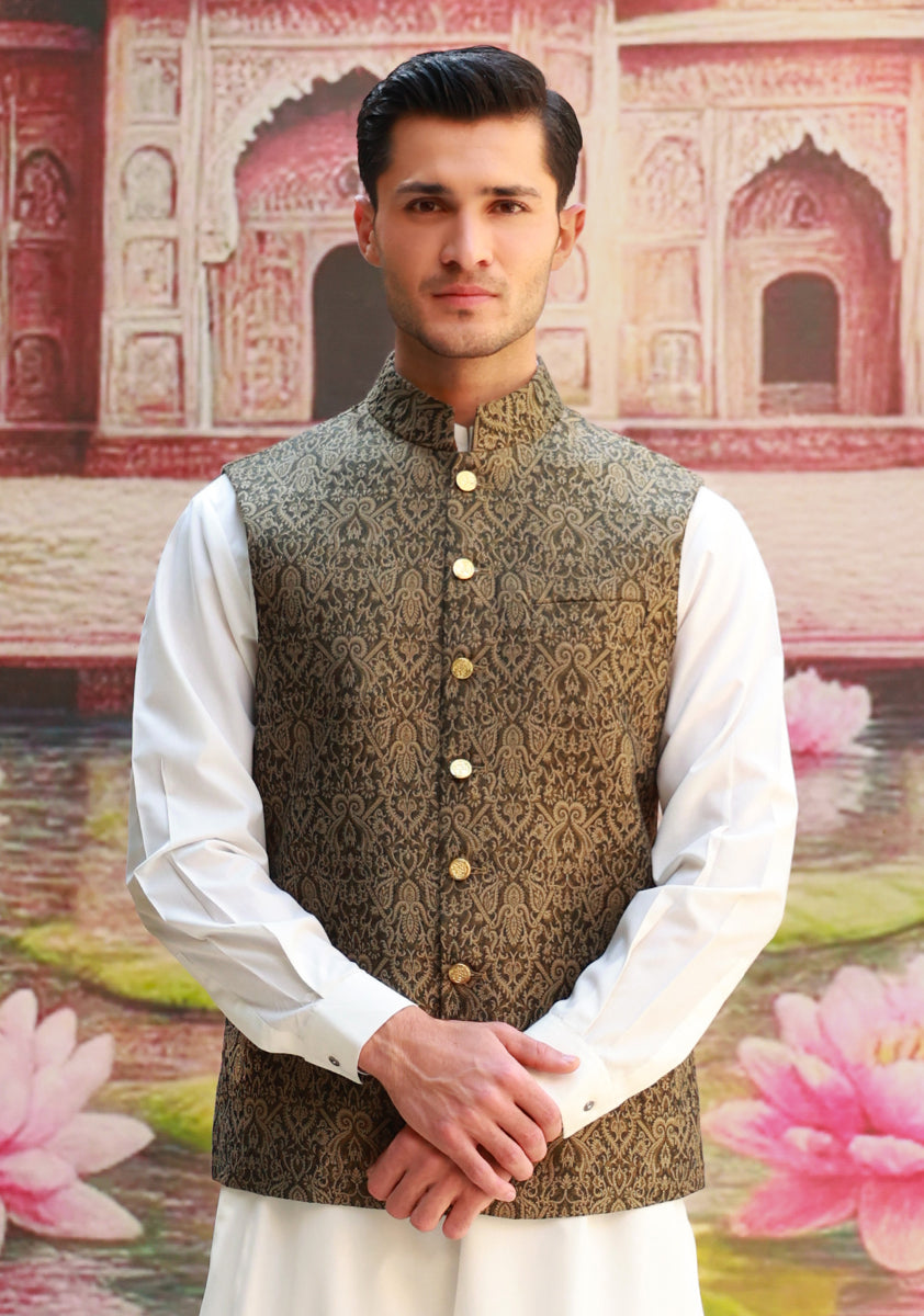 Sponge Woven Jacquard Karandi Jamawar Waistcoat (3-Piece) - Image 4
