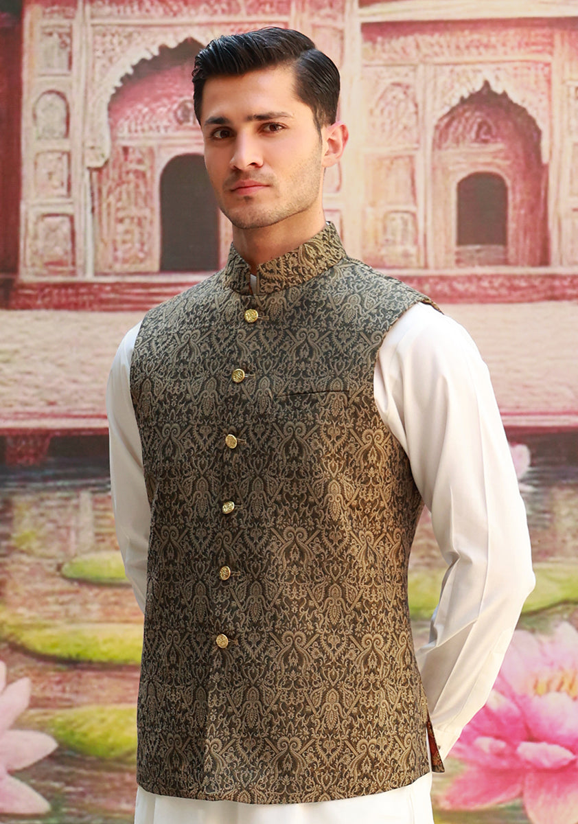 Sponge Woven Jacquard Karandi Jamawar Waistcoat (3-Piece) - Image 5