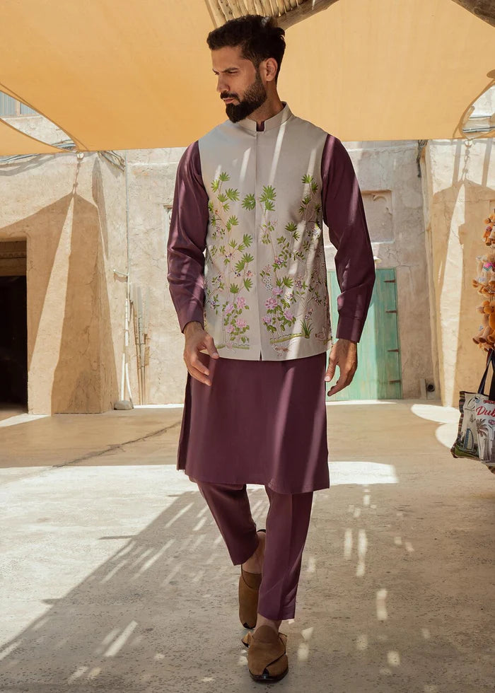 Multi-Colour Embroidered Linen Waistcoat Kurta Set (3-Piece) - Image 1