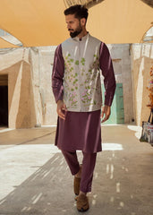 Multi-Colour Embroidered Linen Waistcoat Kurta Set (3-Piece) - Image 2