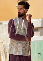 Multi-Colour Embroidered Linen Waistcoat Kurta Set (3-Piece) - Image 3