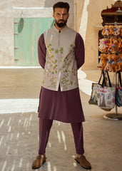 Multi-Colour Embroidered Linen Waistcoat Kurta Set (3-Piece) - Image 4