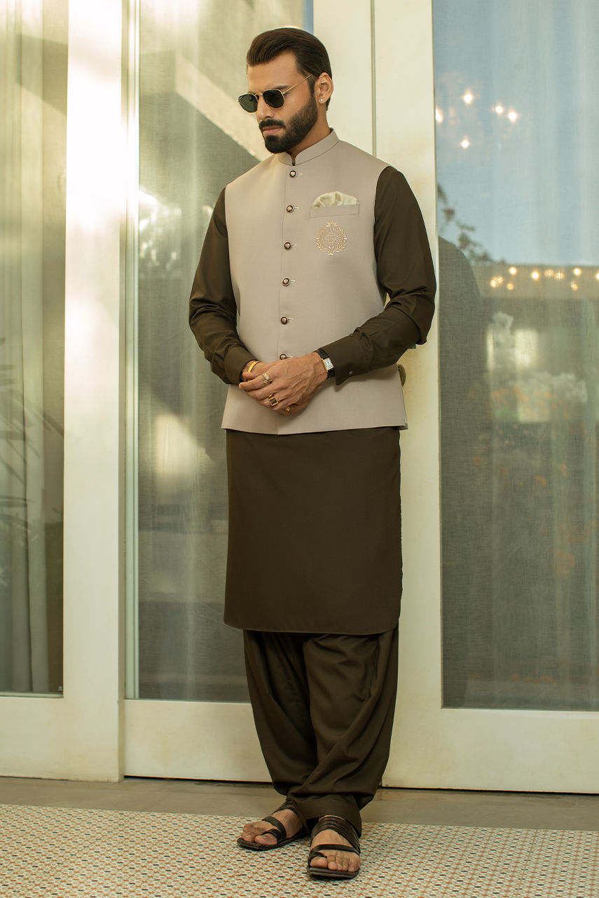 Beige Embroidered Suiting Waistcoat (3-Piece) - Image 1