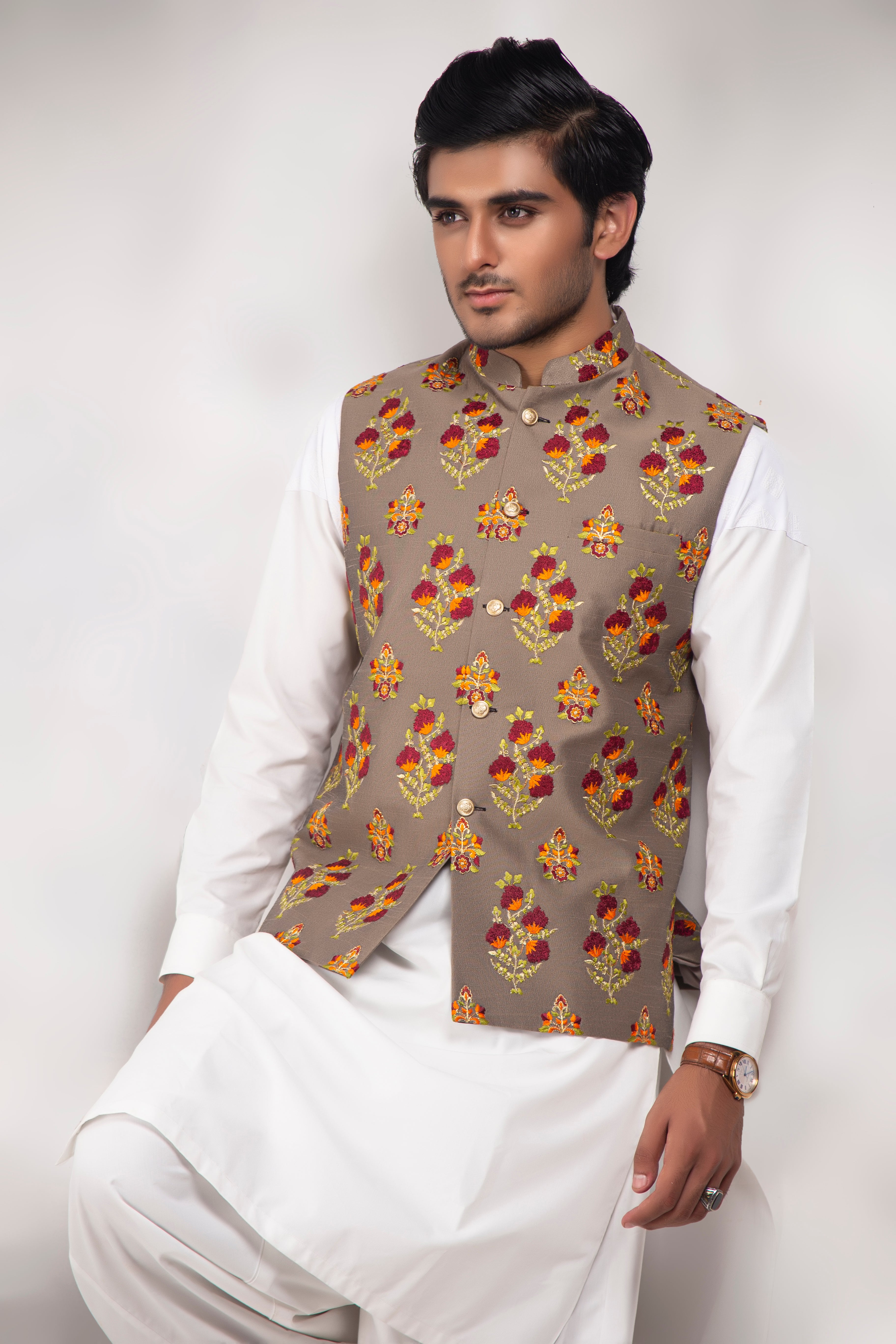 Beige Floral Embroidered Suiting Waistcoat (2-Piece) - Image 1