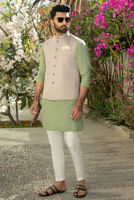 Beige Embroidered Suiting Waistcoat (3-Piece) - Image 2