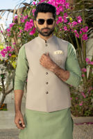 Beige Embroidered Suiting Waistcoat (3-Piece) - Image 3