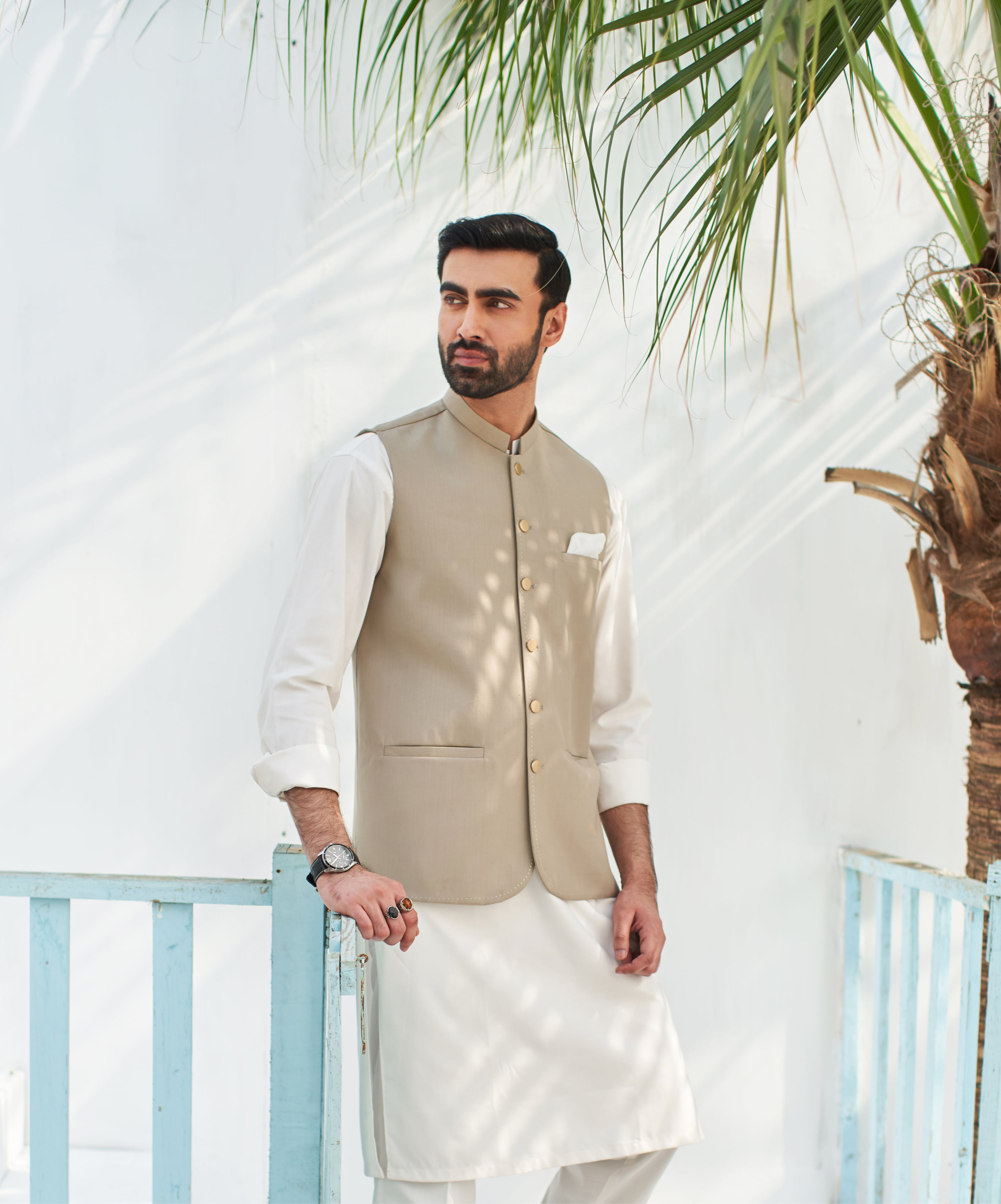 Beige Suiting Waistcoat Kurta Set (3-Piece) - Image 2