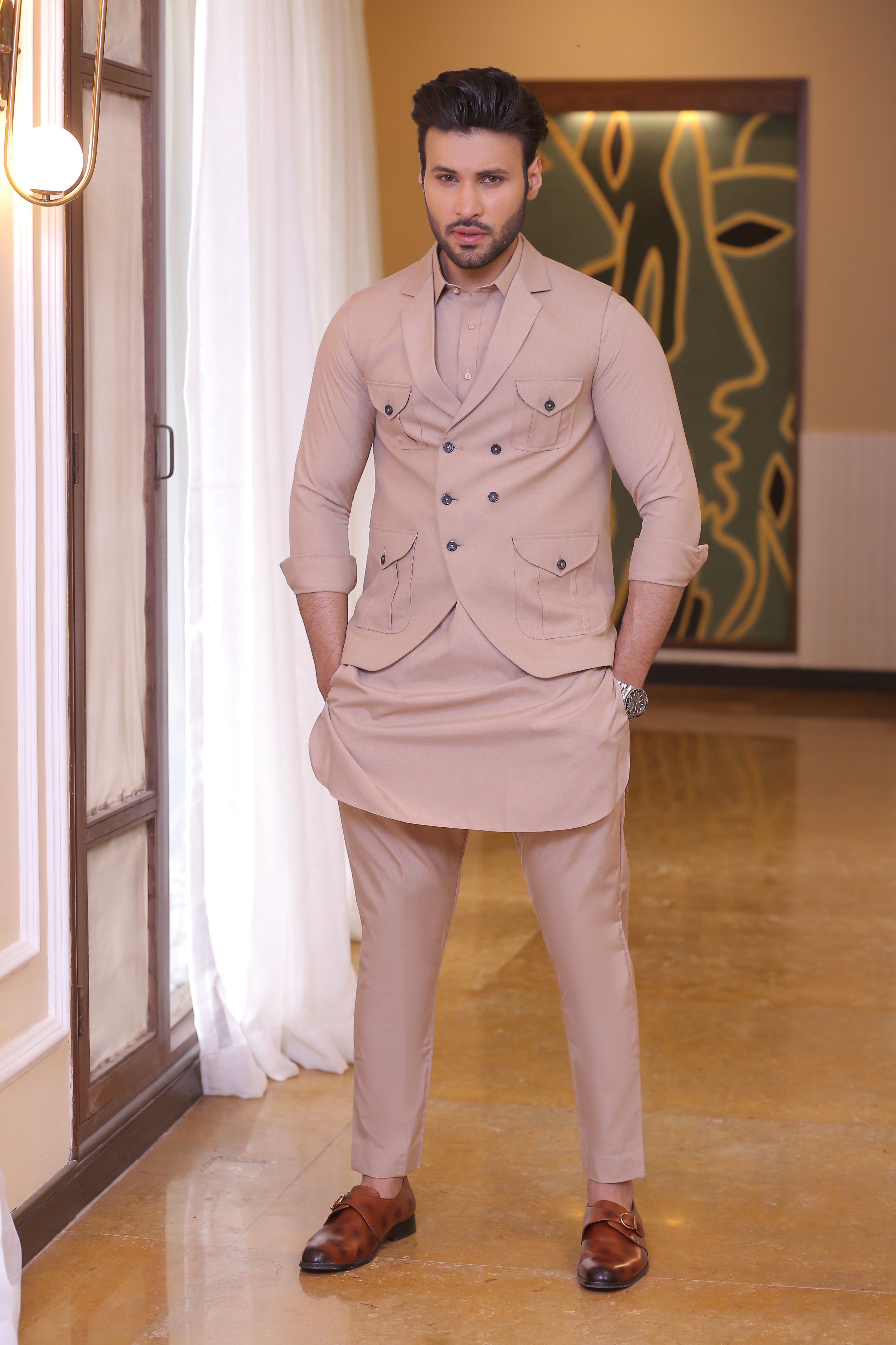 Beige Matte Waistcoat Kurta Pajama (3-Piece) - Image 1