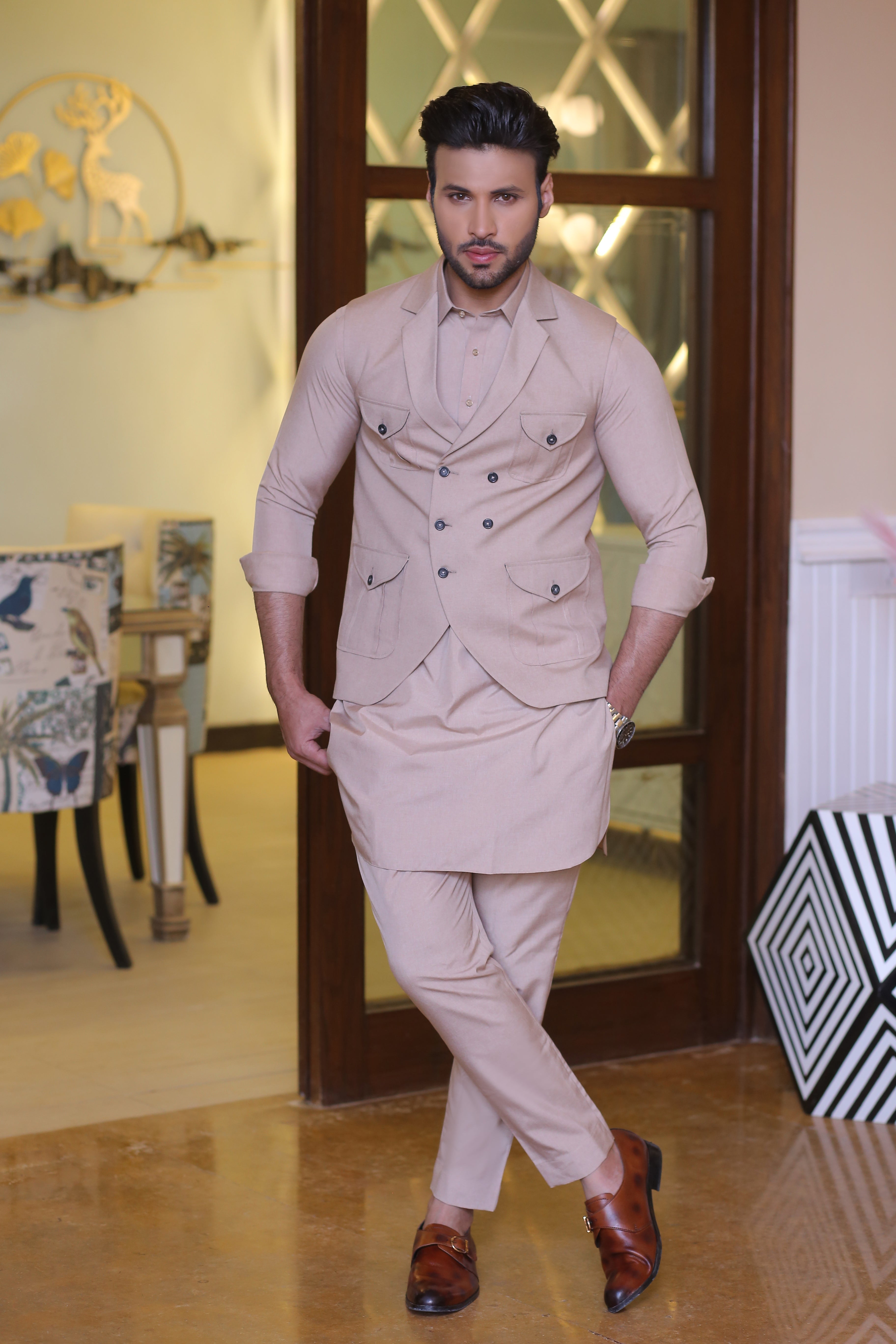 Beige Matte Waistcoat Kurta Pajama (3-Piece) - Image 4