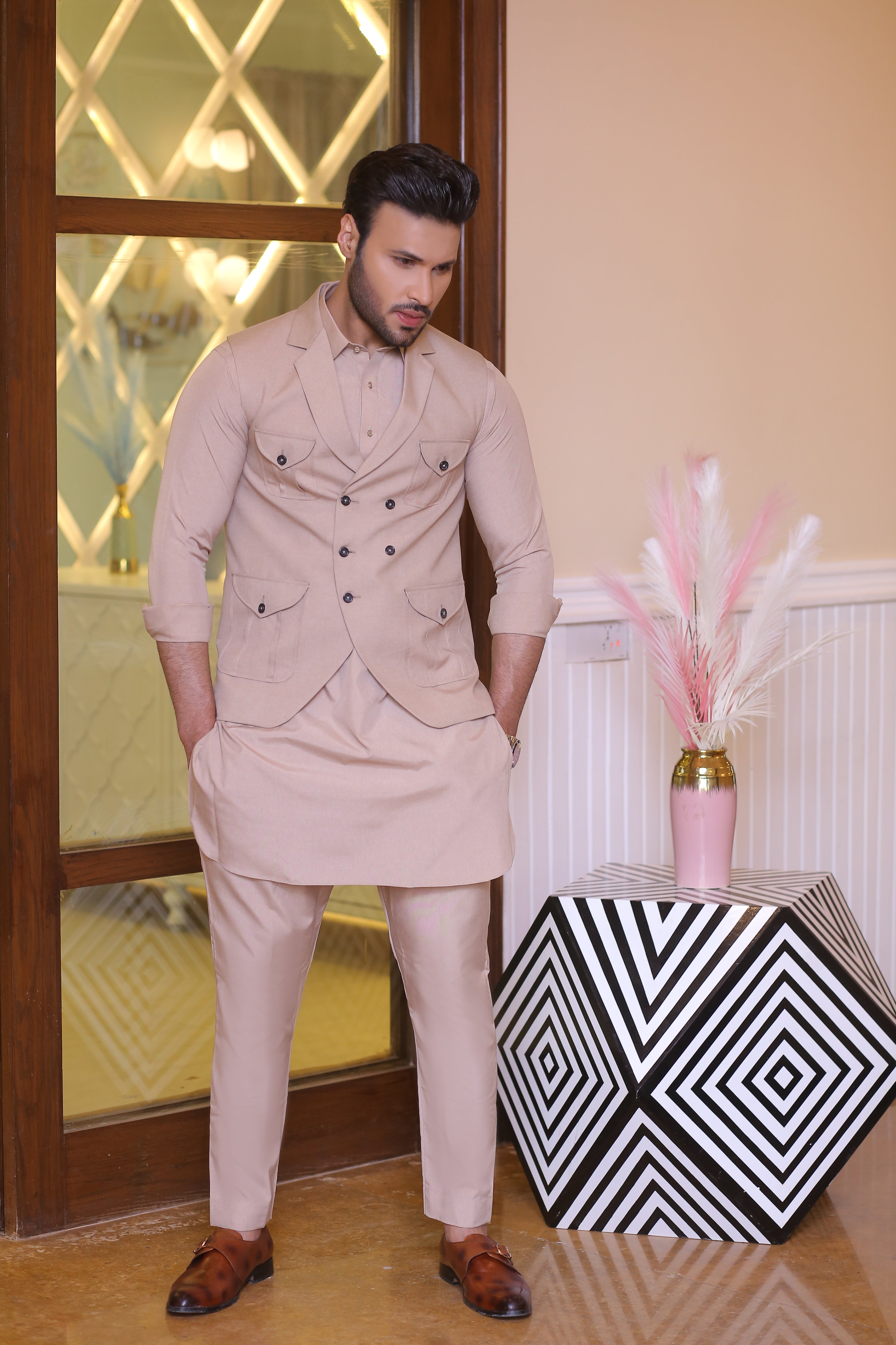 Beige Matte Waistcoat Kurta Pajama (3-Piece) - Image 5