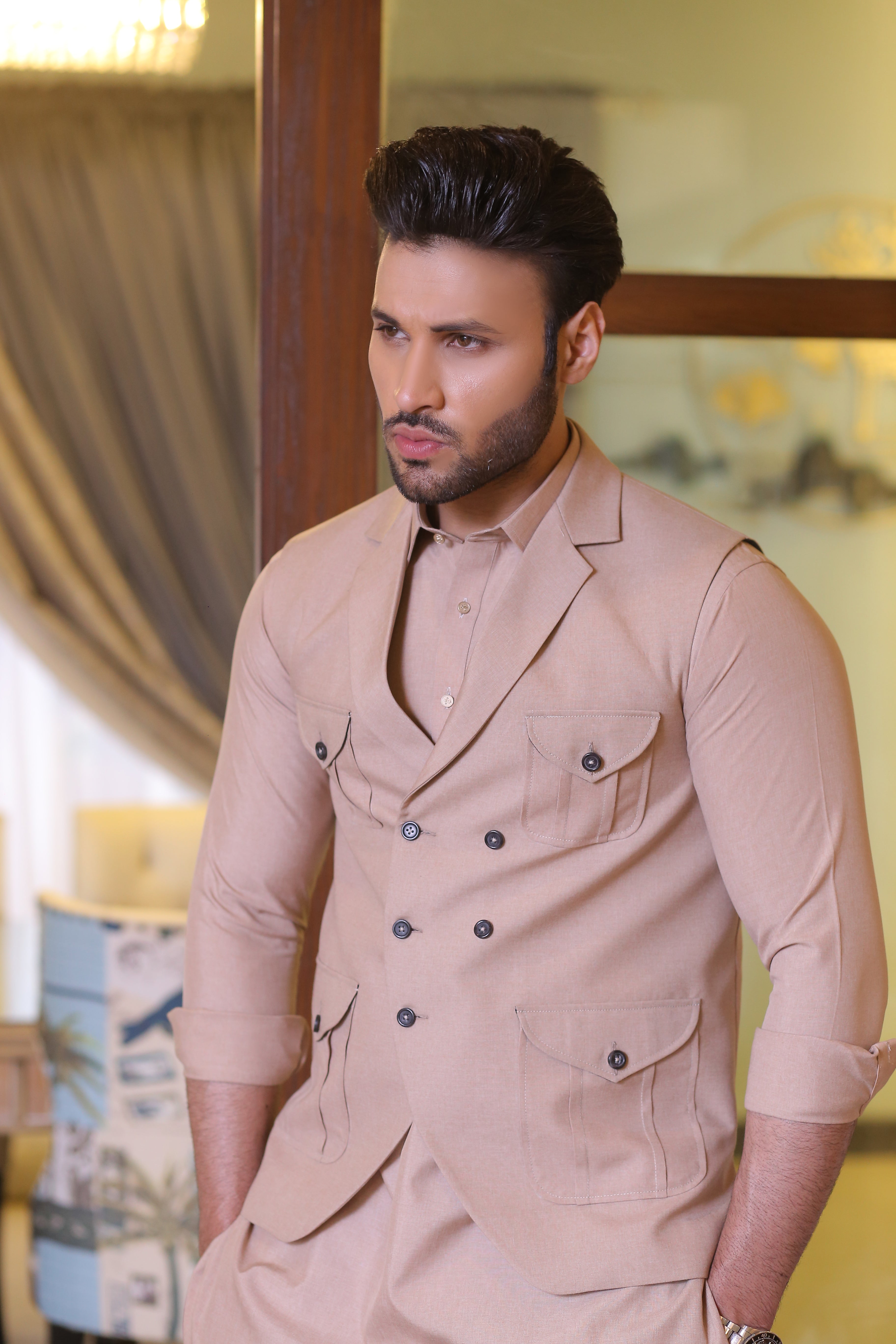 Beige Matte Waistcoat Kurta Pajama (3-Piece) - Image 6