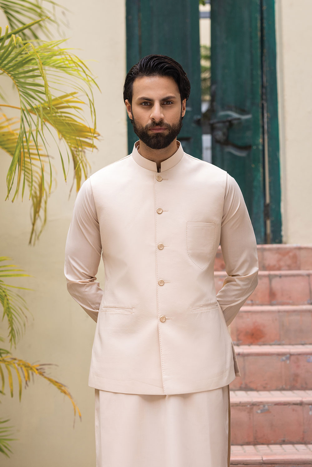 Fawn Wash and Wear Waistcoat Kurta Pajama (3-Piece) - Image 2